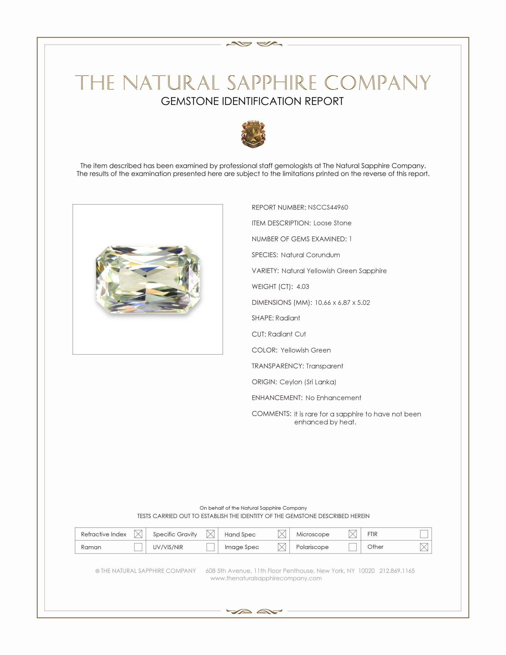 4.03 Ct. Yellowish Green Sapphire from Ceylon (Sri Lanka)