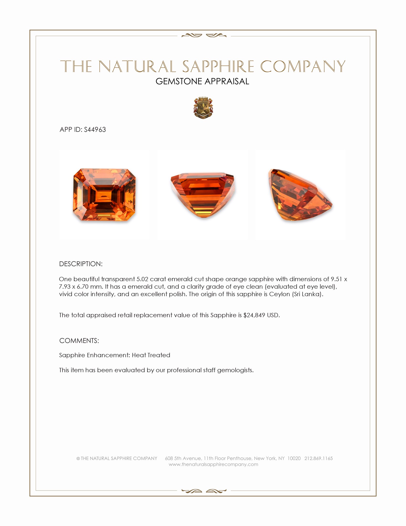 5.02 Ct. Orange Sapphire from Ceylon (Sri Lanka)