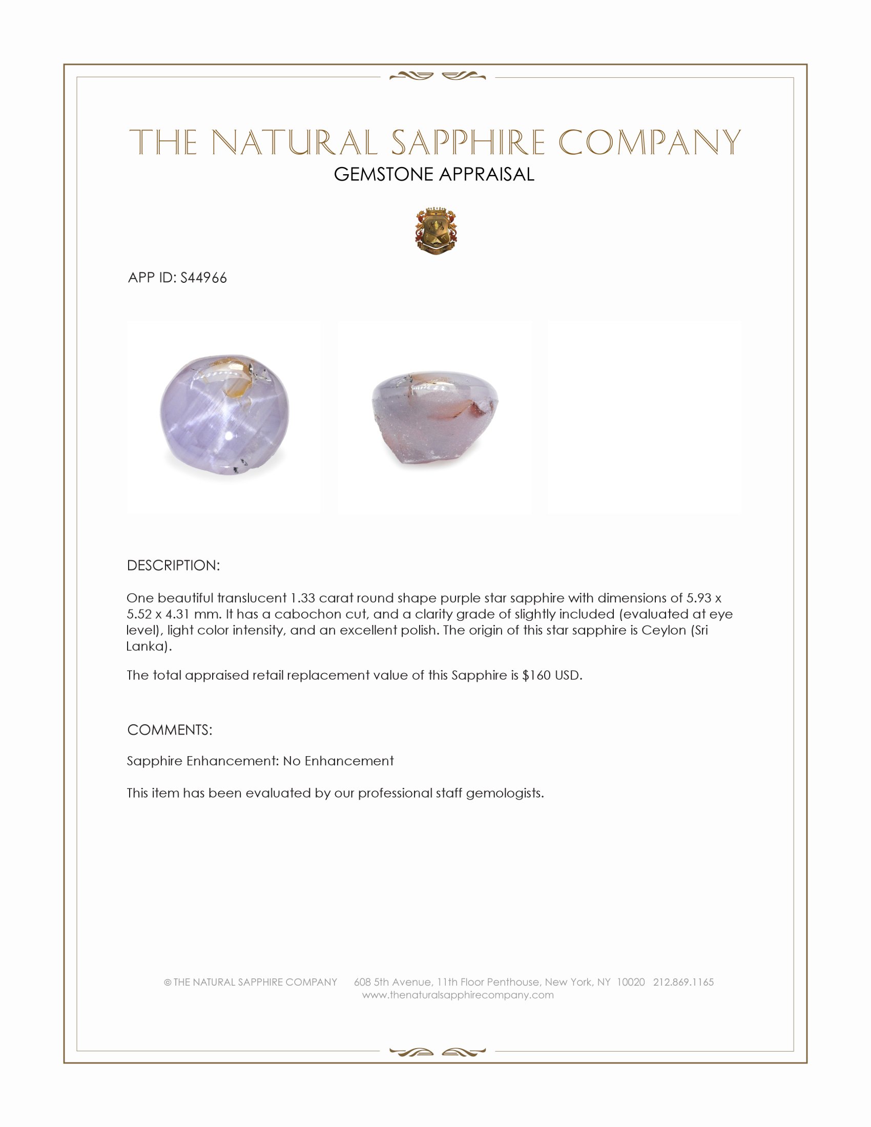 1.33 Ct. Purple Star Sapphire from Ceylon (Sri Lanka)