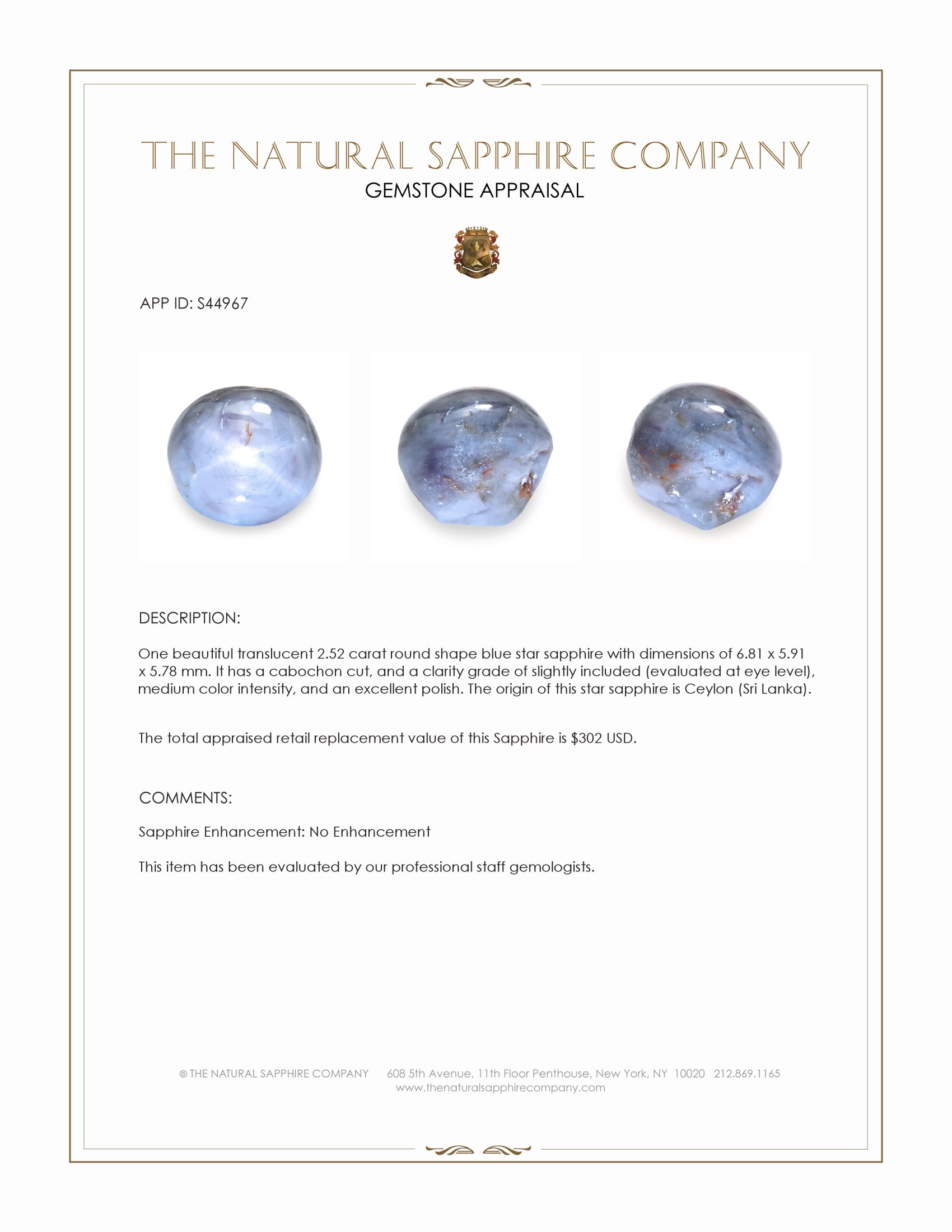 2.52 Ct. Blue Star Sapphire from Ceylon (Sri Lanka)