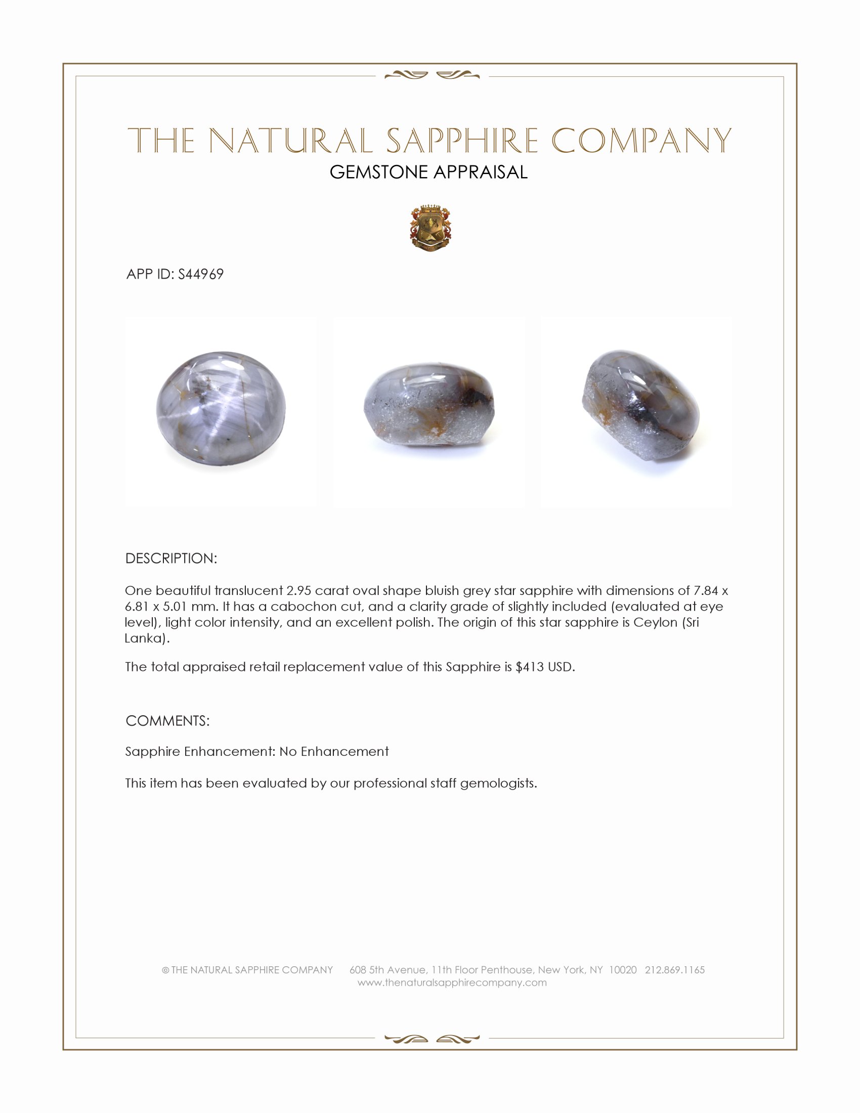 2.95 Ct. Bluish Grey Star Sapphire from Ceylon (Sri Lanka)