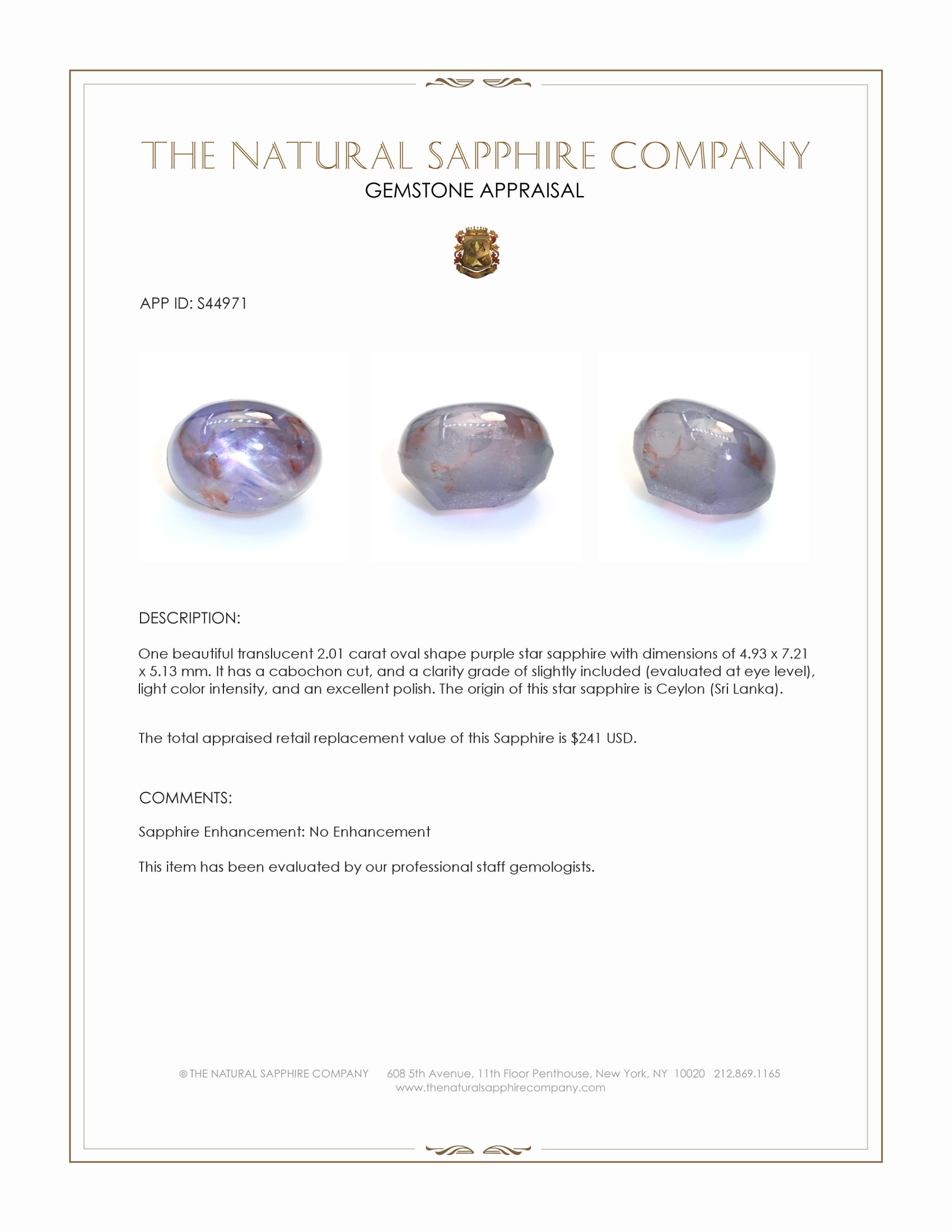 2.01 Ct. Purple Star Sapphire from Ceylon (Sri Lanka)
