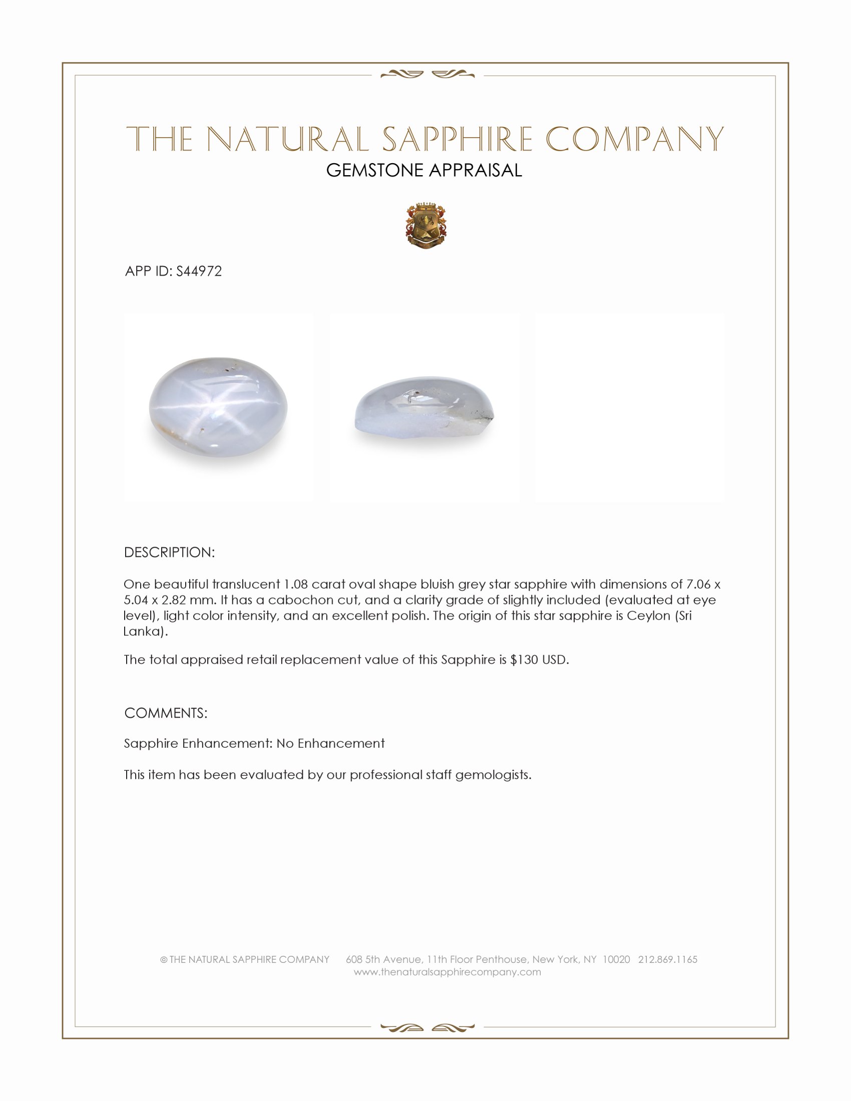 1.08 Ct. Bluish Grey Star Sapphire from Ceylon (Sri Lanka)
