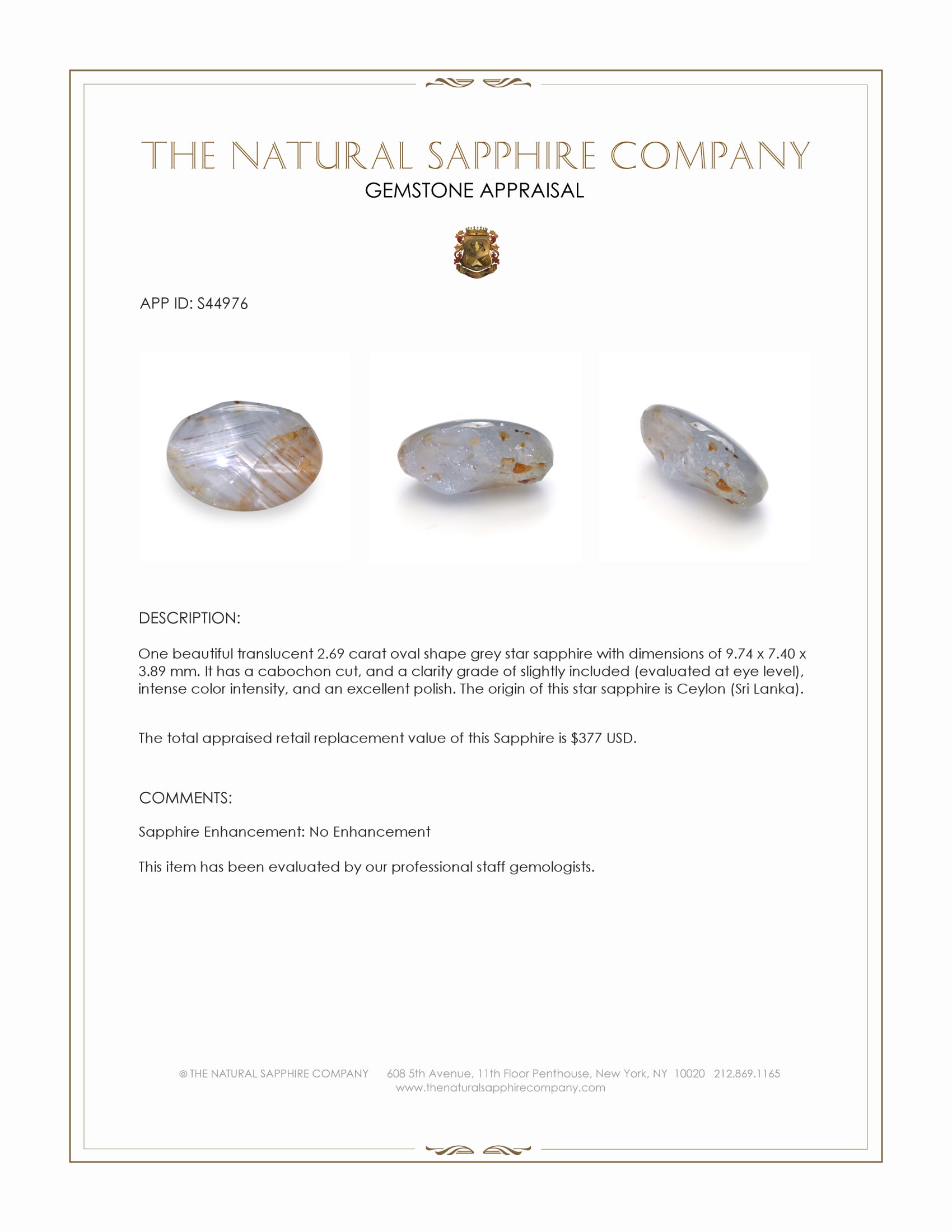 2.69 Ct. Grey Star Sapphire from Ceylon (Sri Lanka)