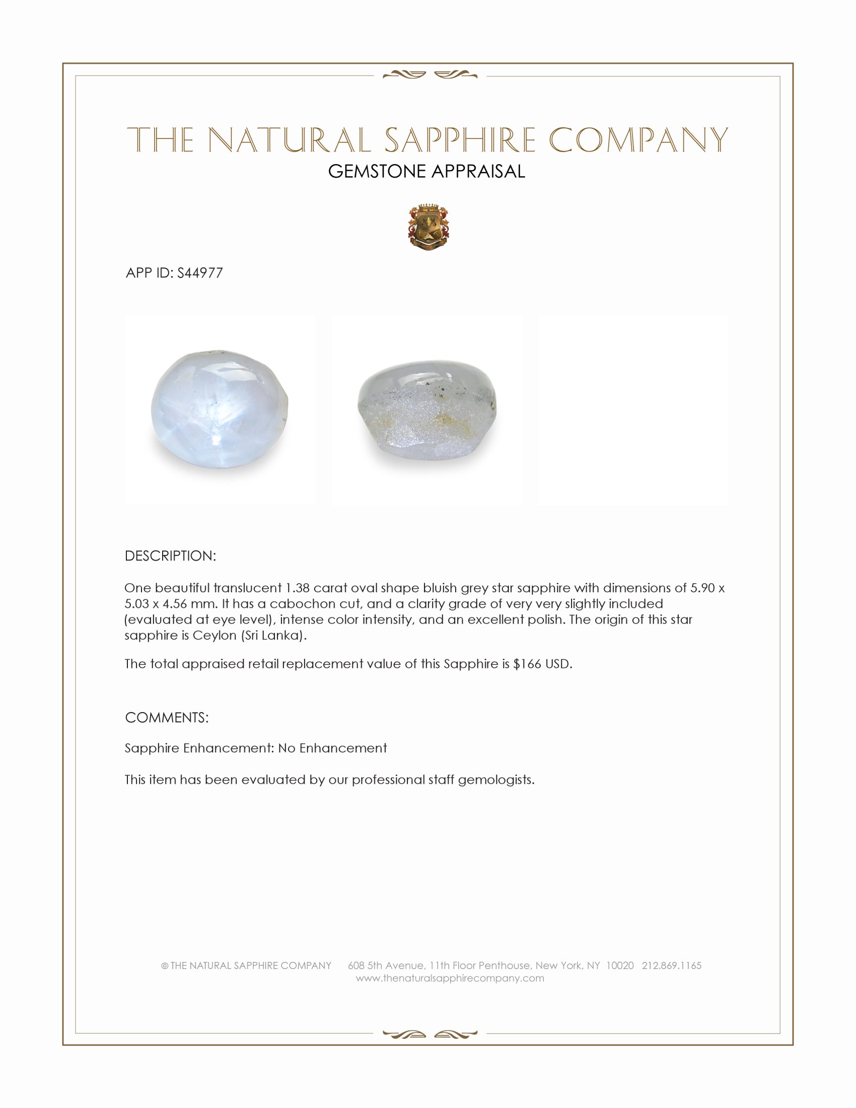 1.38 Ct. Bluish Grey Star Sapphire from Ceylon (Sri Lanka)