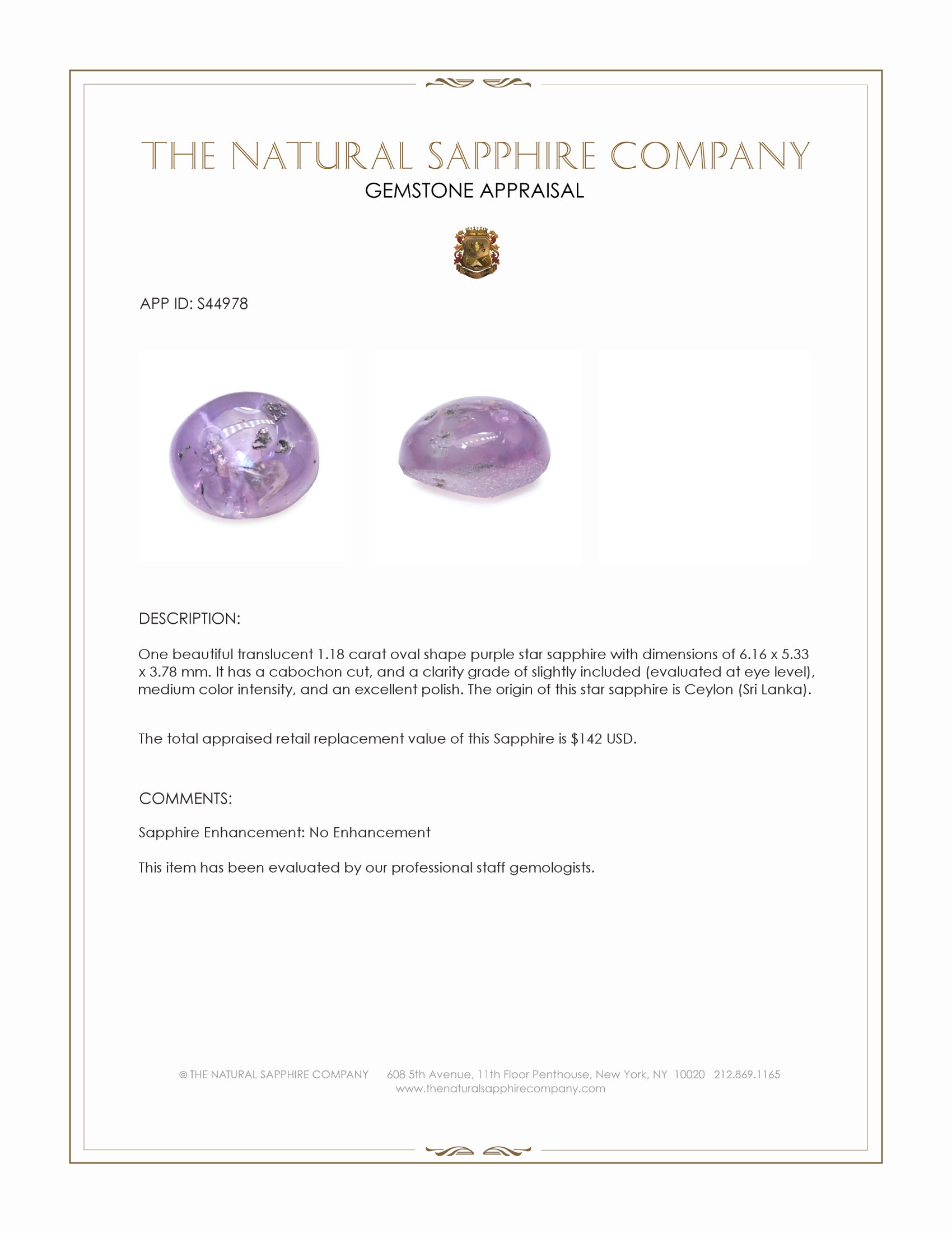 1.18 Ct. Purple Star Sapphire from Ceylon (Sri Lanka)