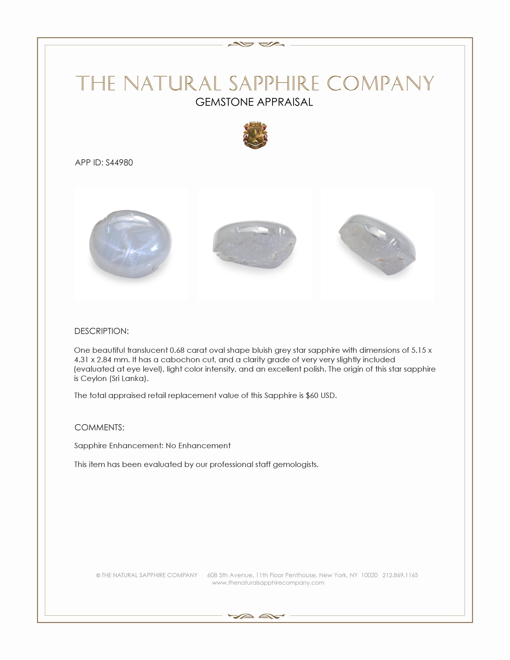 0.68 Ct. Bluish Grey Star Sapphire from Ceylon (Sri Lanka)