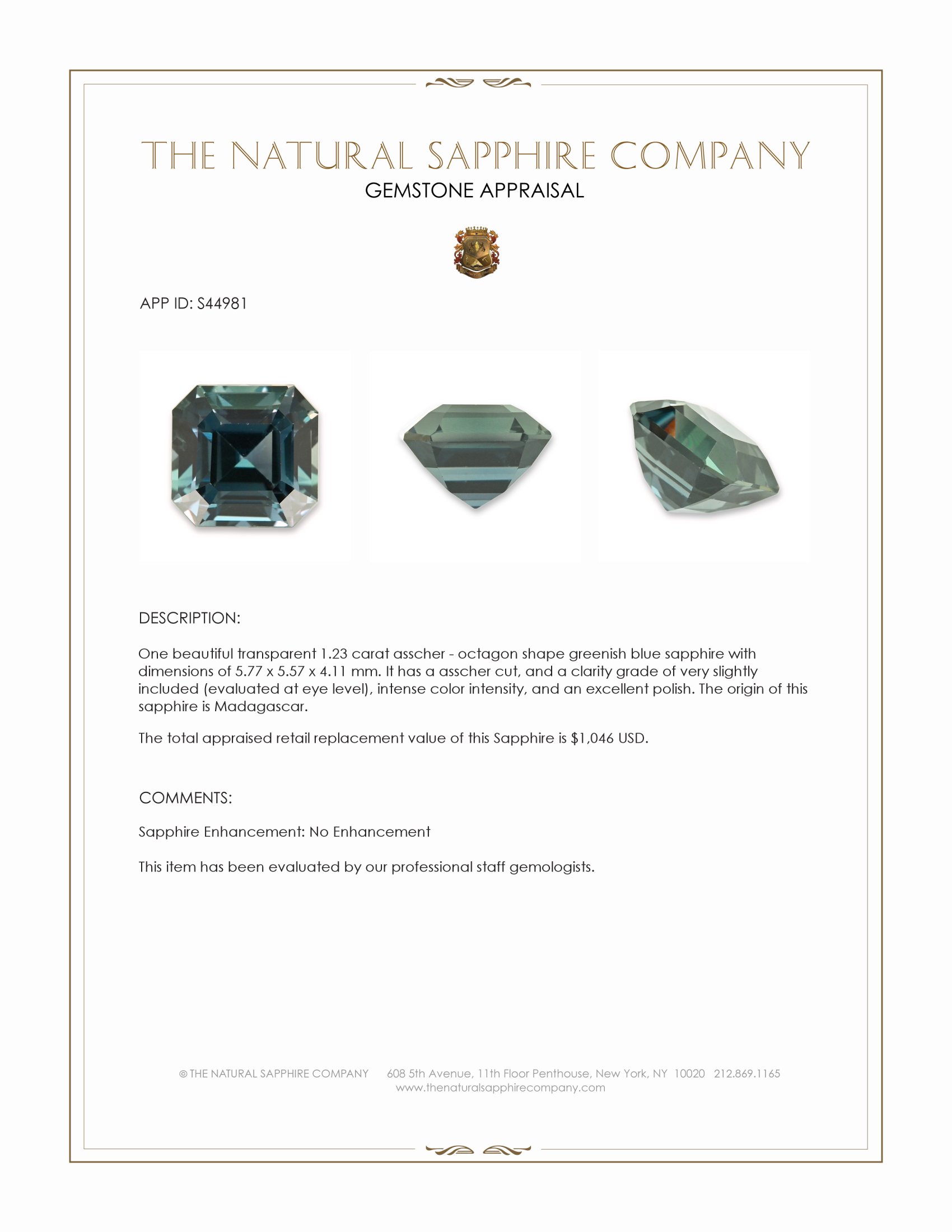 1.23 Ct. Greenish Blue Sapphire from Madagascar