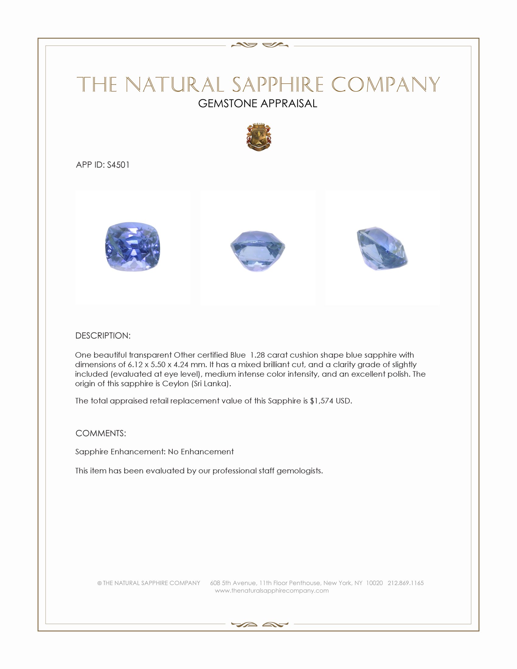 1.28 Ct. Blue Sapphire from Ceylon (Sri Lanka)