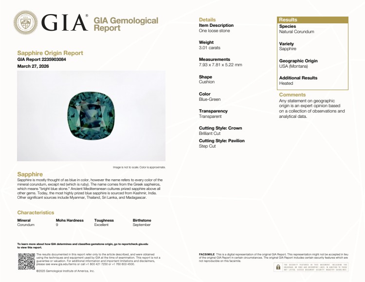 3.01 Ct. Green Sapphire from Montana