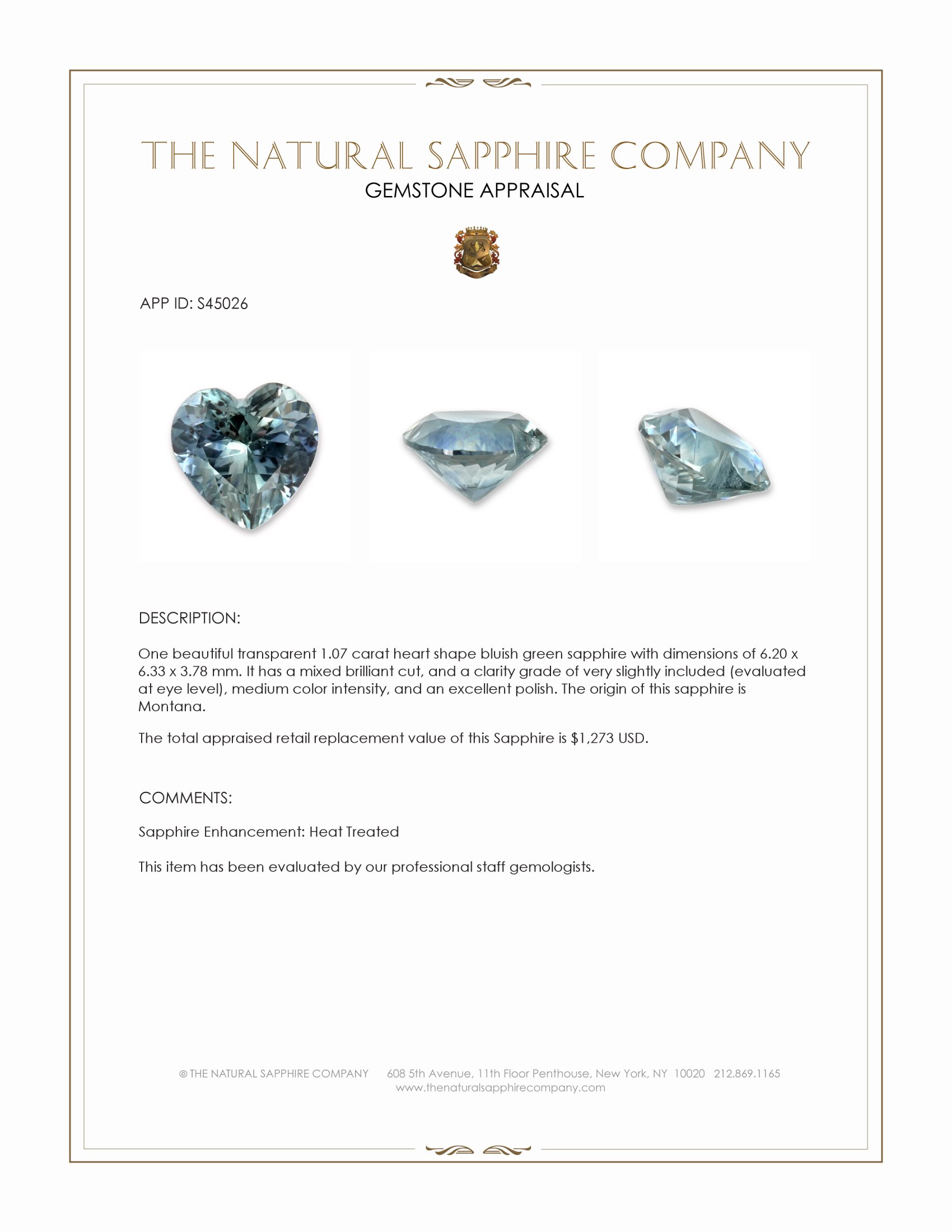 1.07 Ct. Bluish Green Sapphire from Montana