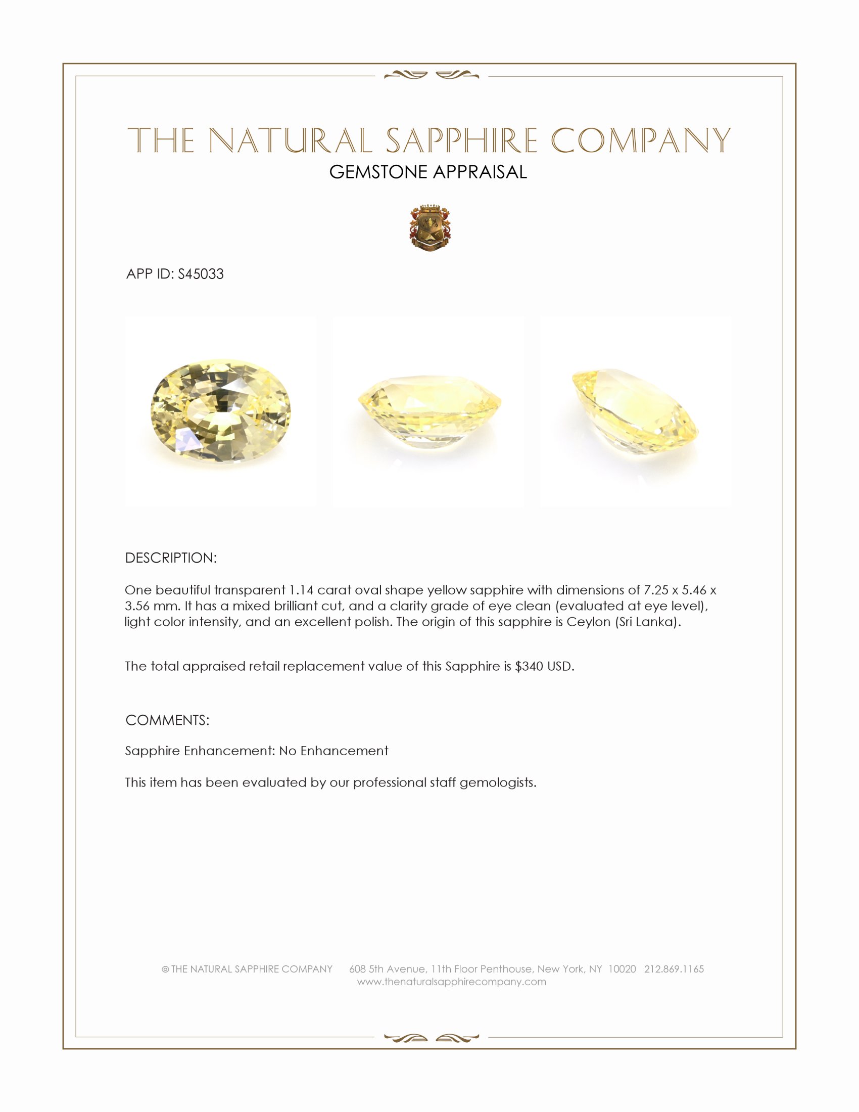 1.14 Ct. Yellow Sapphire from Ceylon (Sri Lanka)