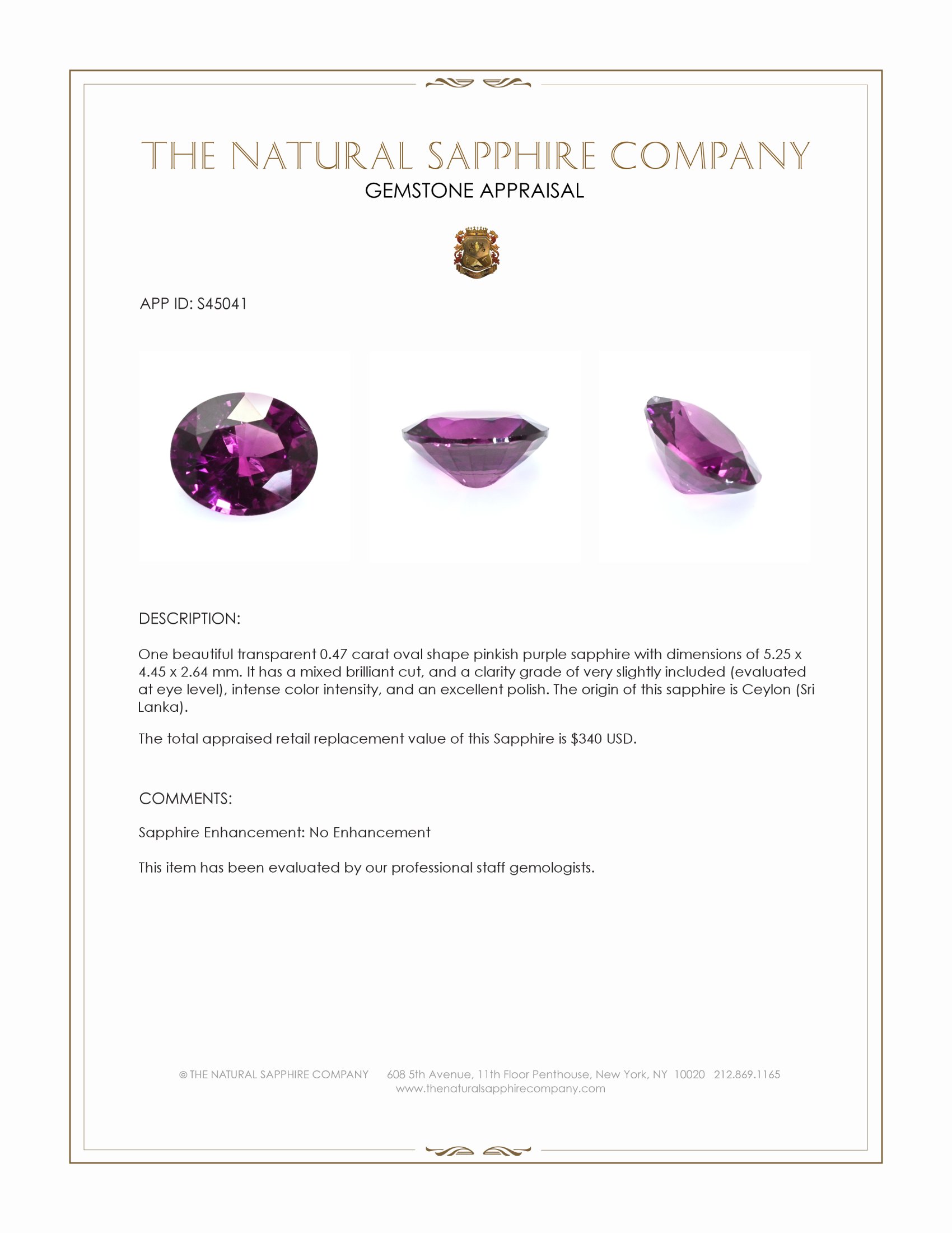 0.47 Ct. Pinkish Purple Sapphire from Ceylon (Sri Lanka)