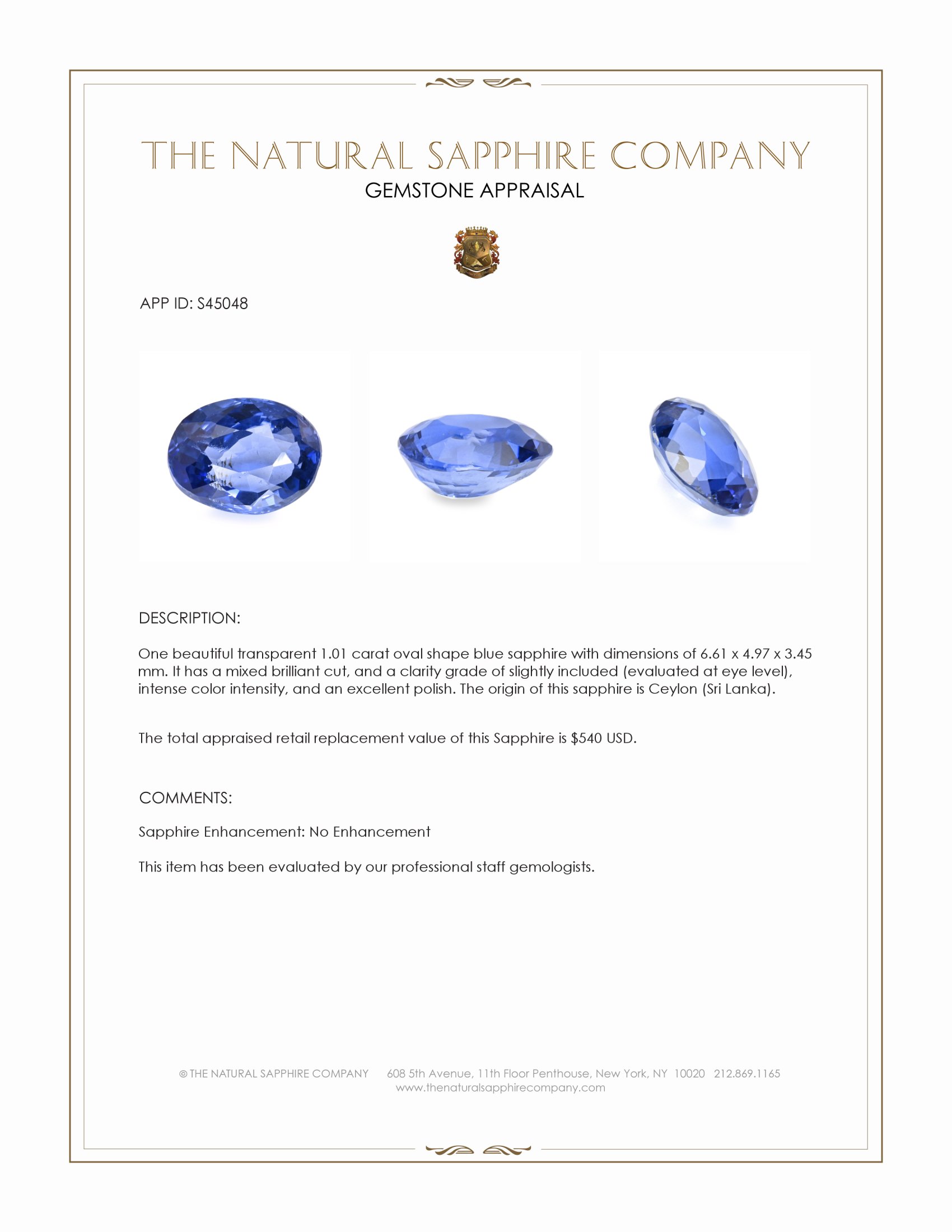 1.01 Ct. Blue Sapphire from Ceylon (Sri Lanka)