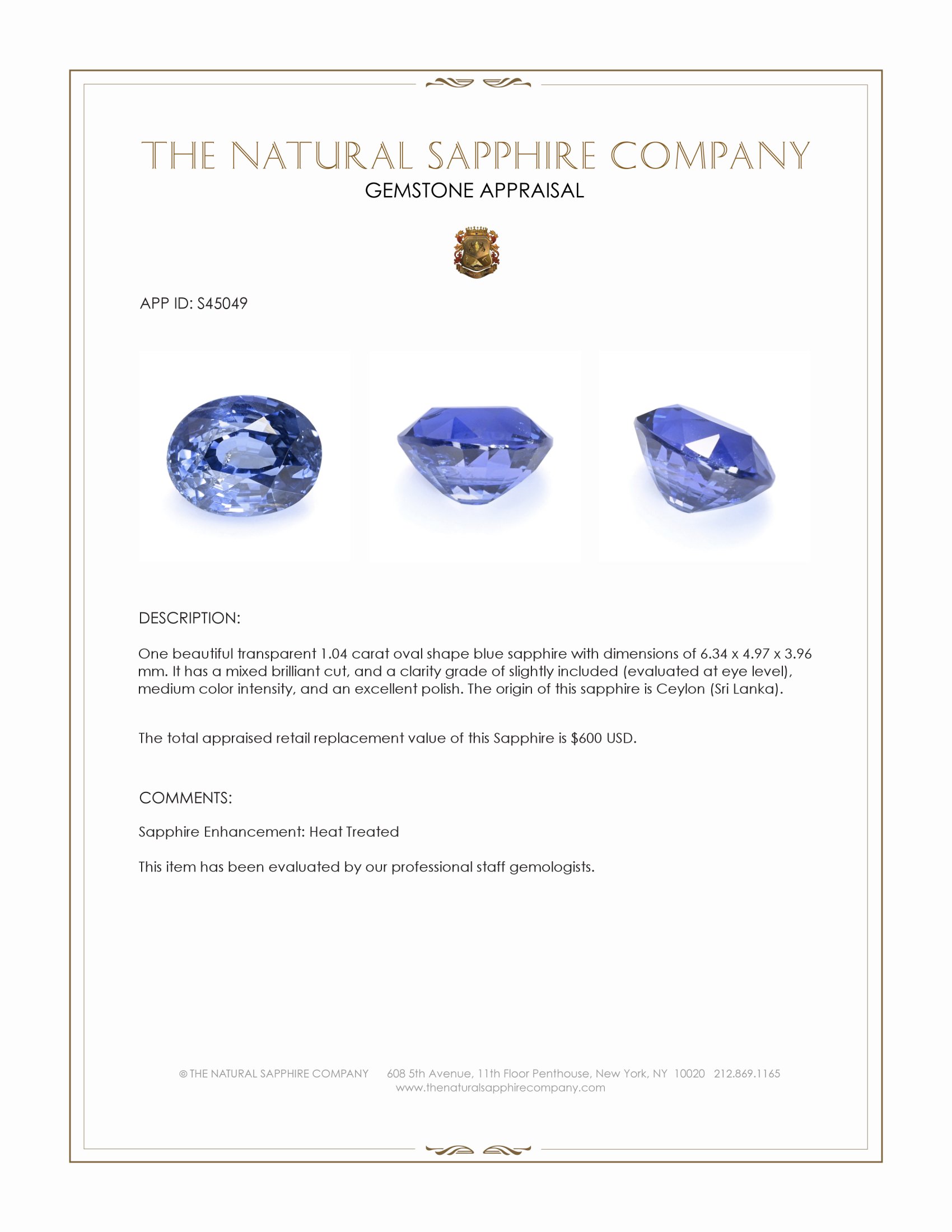 1.04 Ct. Blue Sapphire from Ceylon (Sri Lanka)
