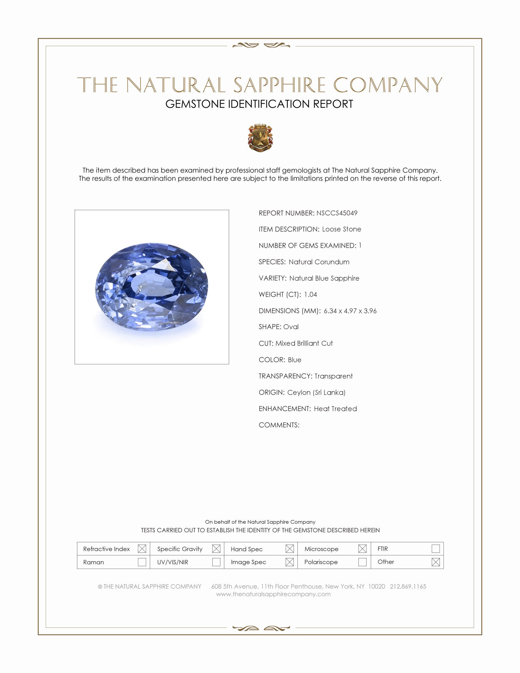 1.04 Ct. Blue Sapphire from Ceylon (Sri Lanka)