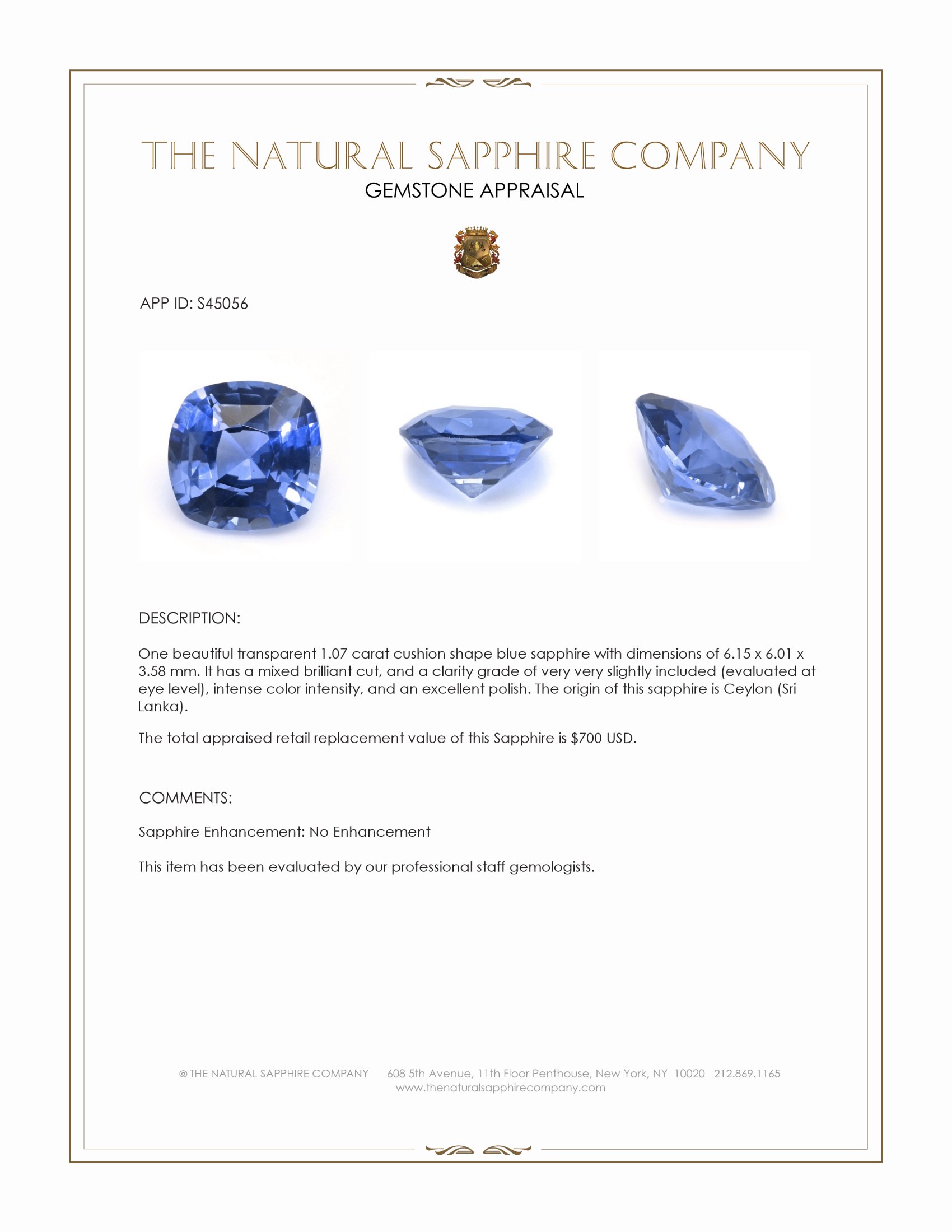 1.07 Ct. Blue Sapphire from Ceylon (Sri Lanka)