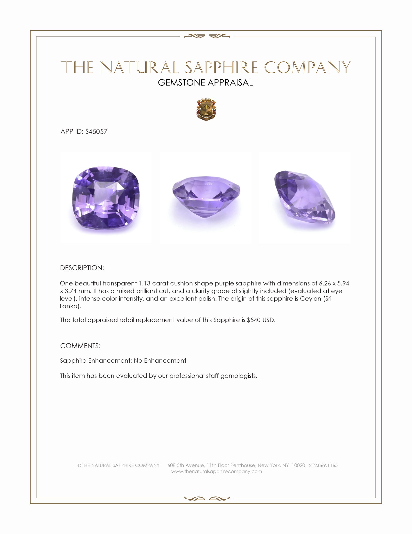 1.13 Ct. Purple Sapphire from Ceylon (Sri Lanka)