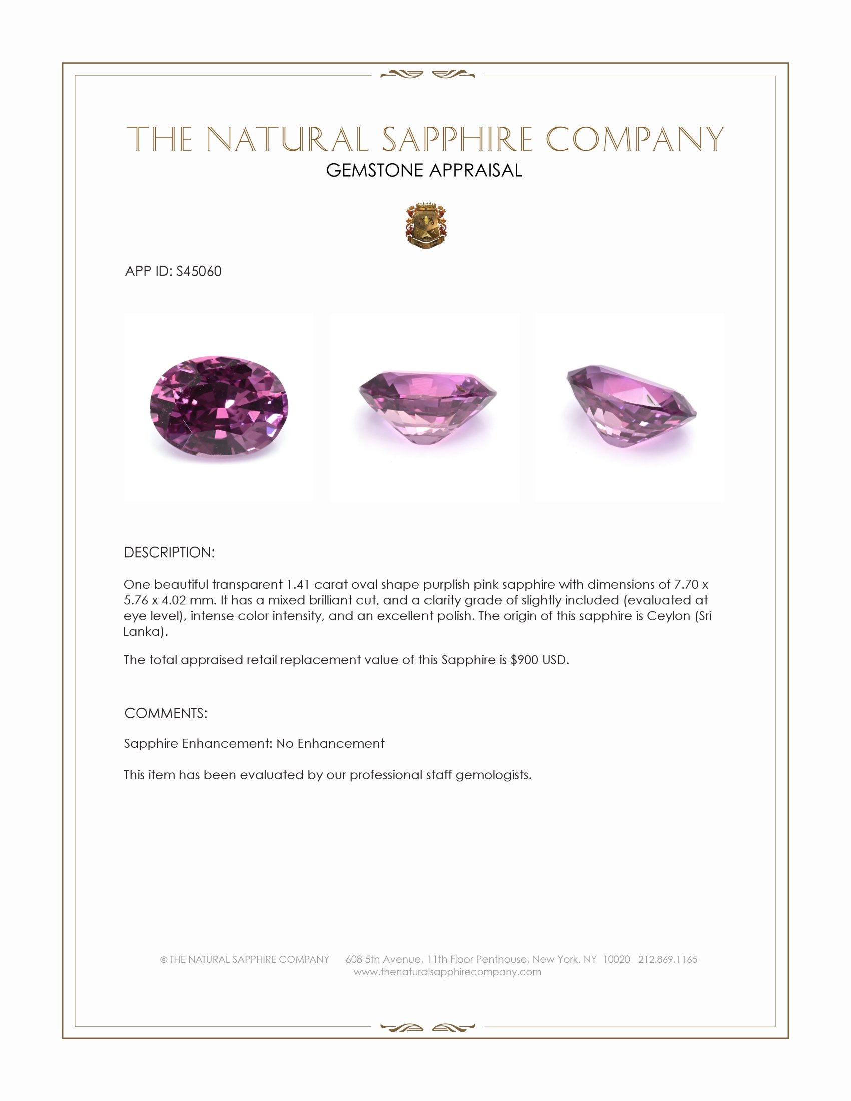 1.41 Ct. Purplish Pink Sapphire from Ceylon (Sri Lanka)