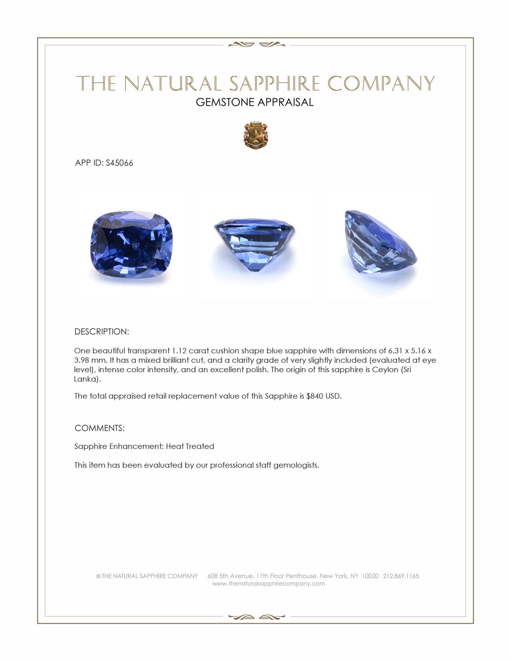 1.12 Ct. Blue Sapphire from Ceylon (Sri Lanka)