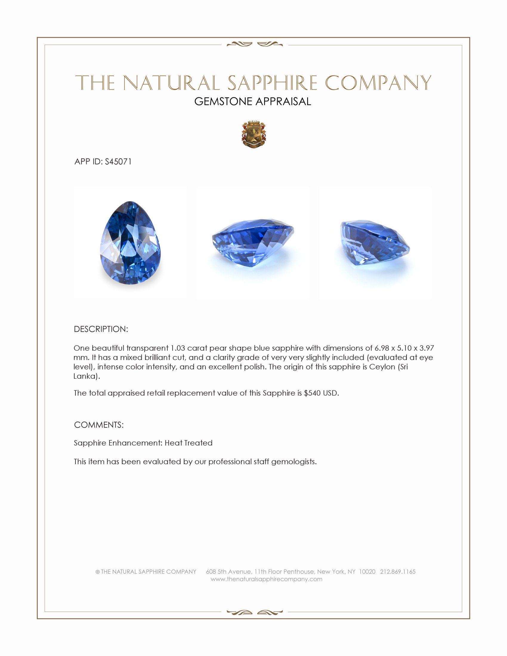 1.03 Ct. Blue Sapphire from Ceylon (Sri Lanka)