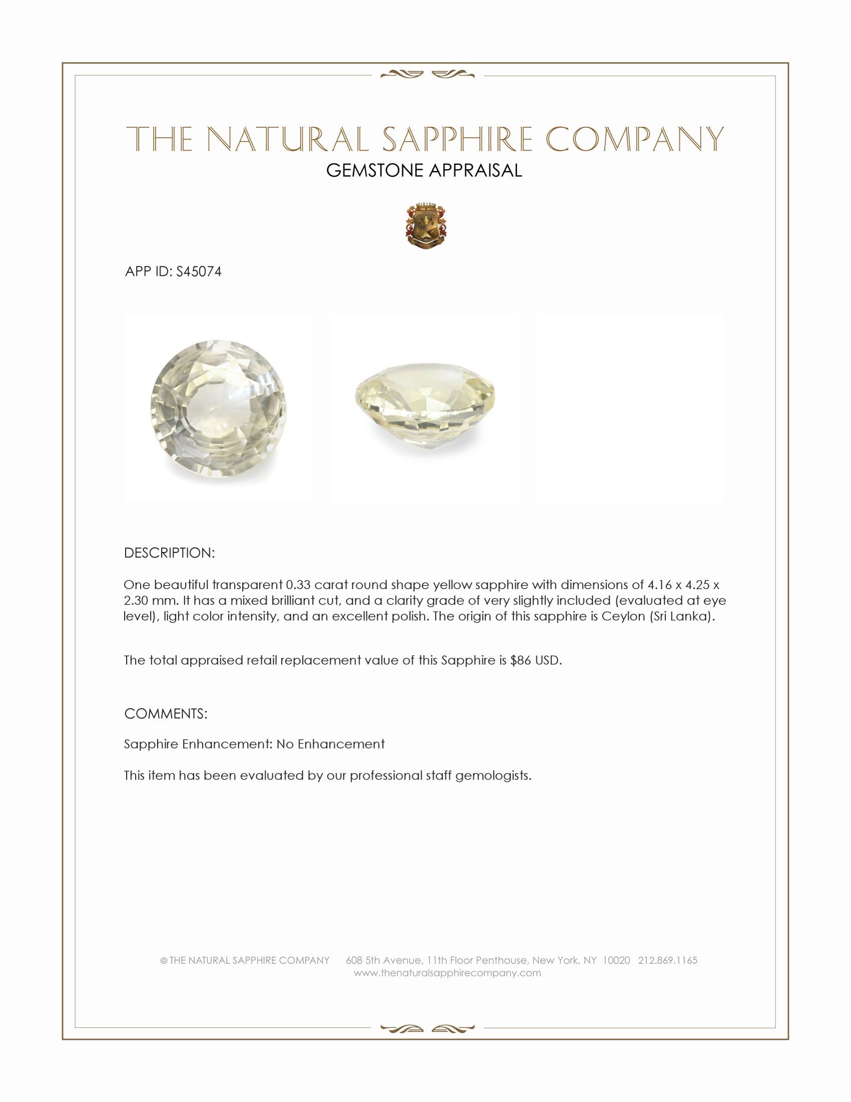 0.33 Ct. Yellow Sapphire from Ceylon (Sri Lanka)