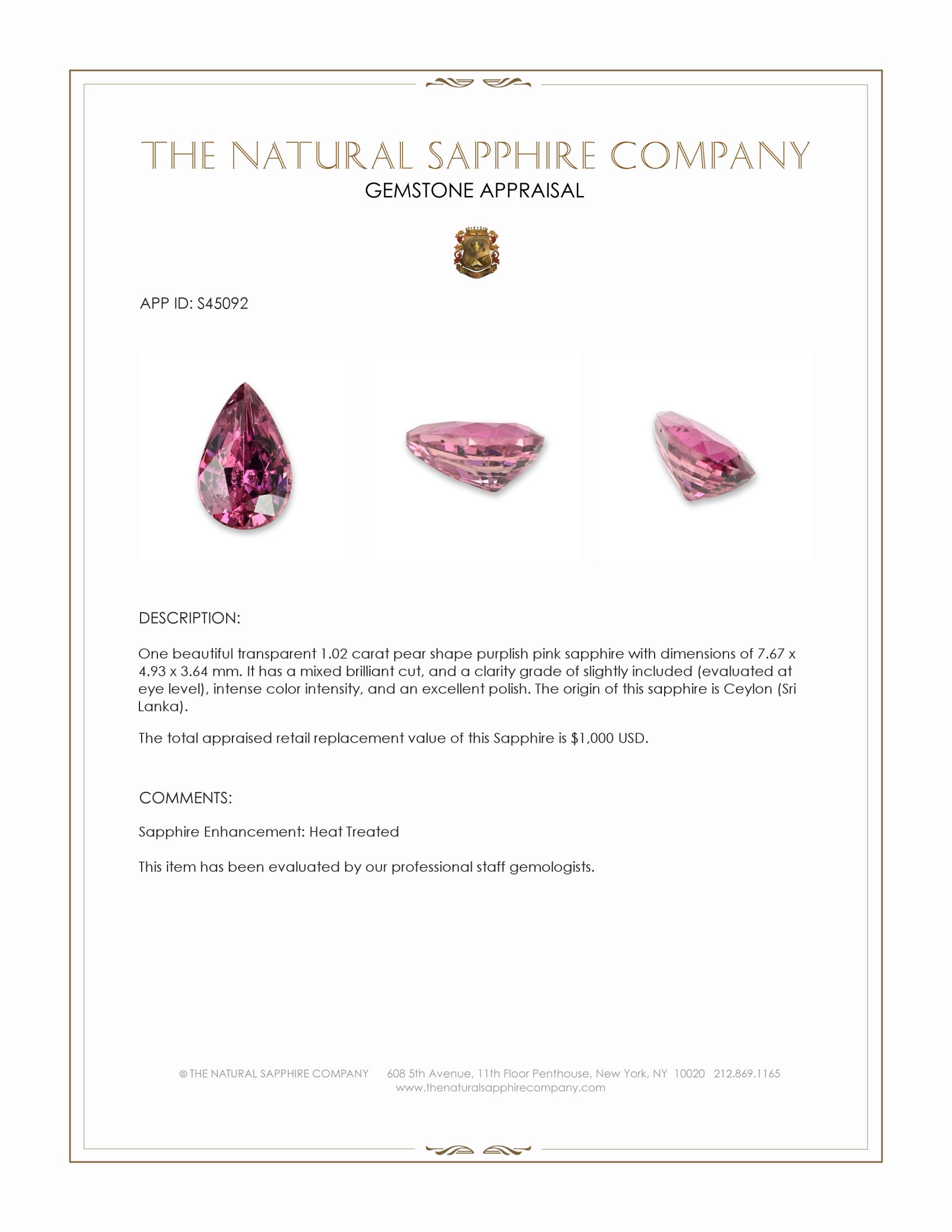 1.02 Ct. Purplish Pink Sapphire from Ceylon (Sri Lanka)