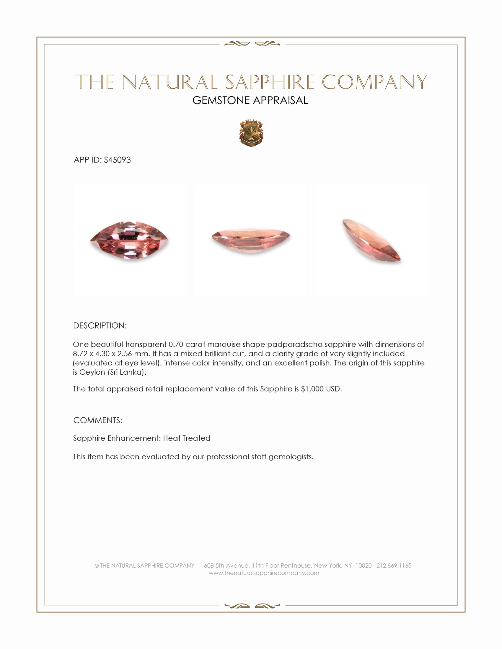 0.70 Ct. Padparadscha Sapphire from Ceylon (Sri Lanka)