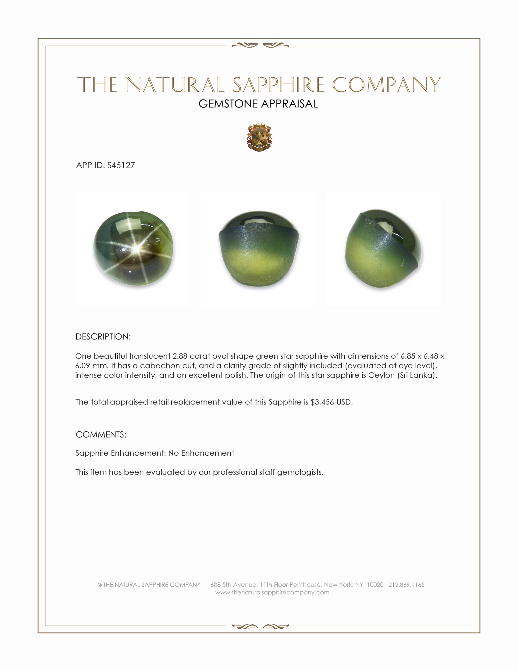 2.88 Ct. Green Star Sapphire from Ceylon (Sri Lanka)