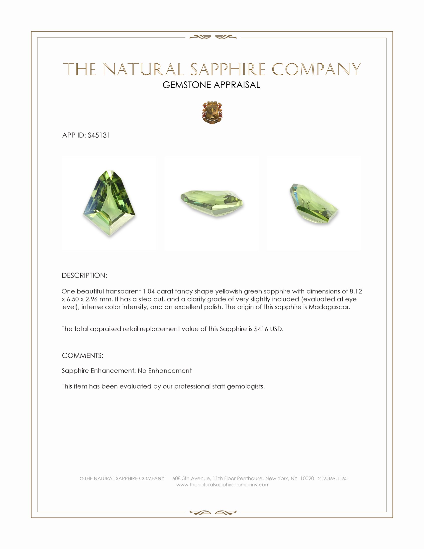 1.04 Ct. Yellowish Green Sapphire from Madagascar