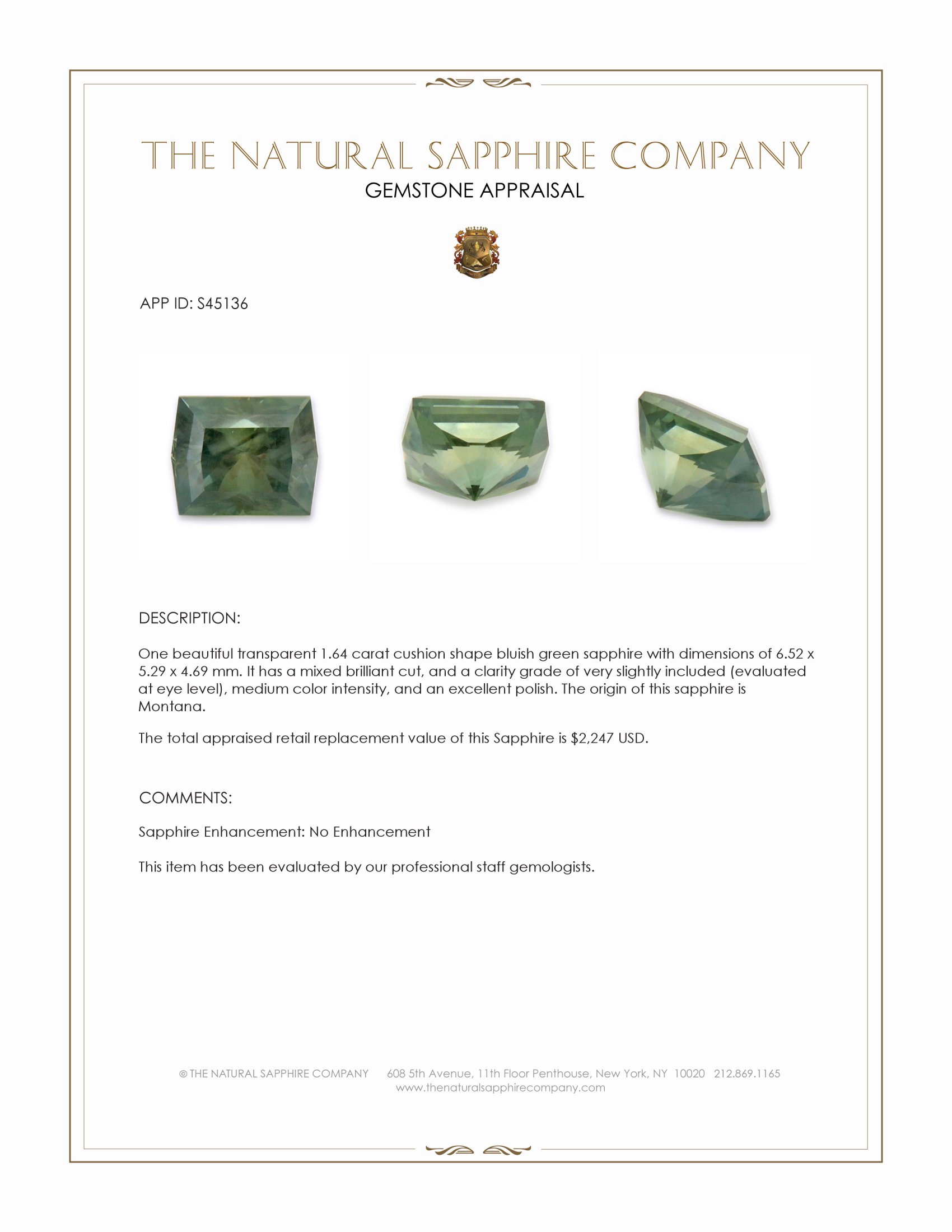 1.64 Ct. Bluish Green Sapphire from Montana