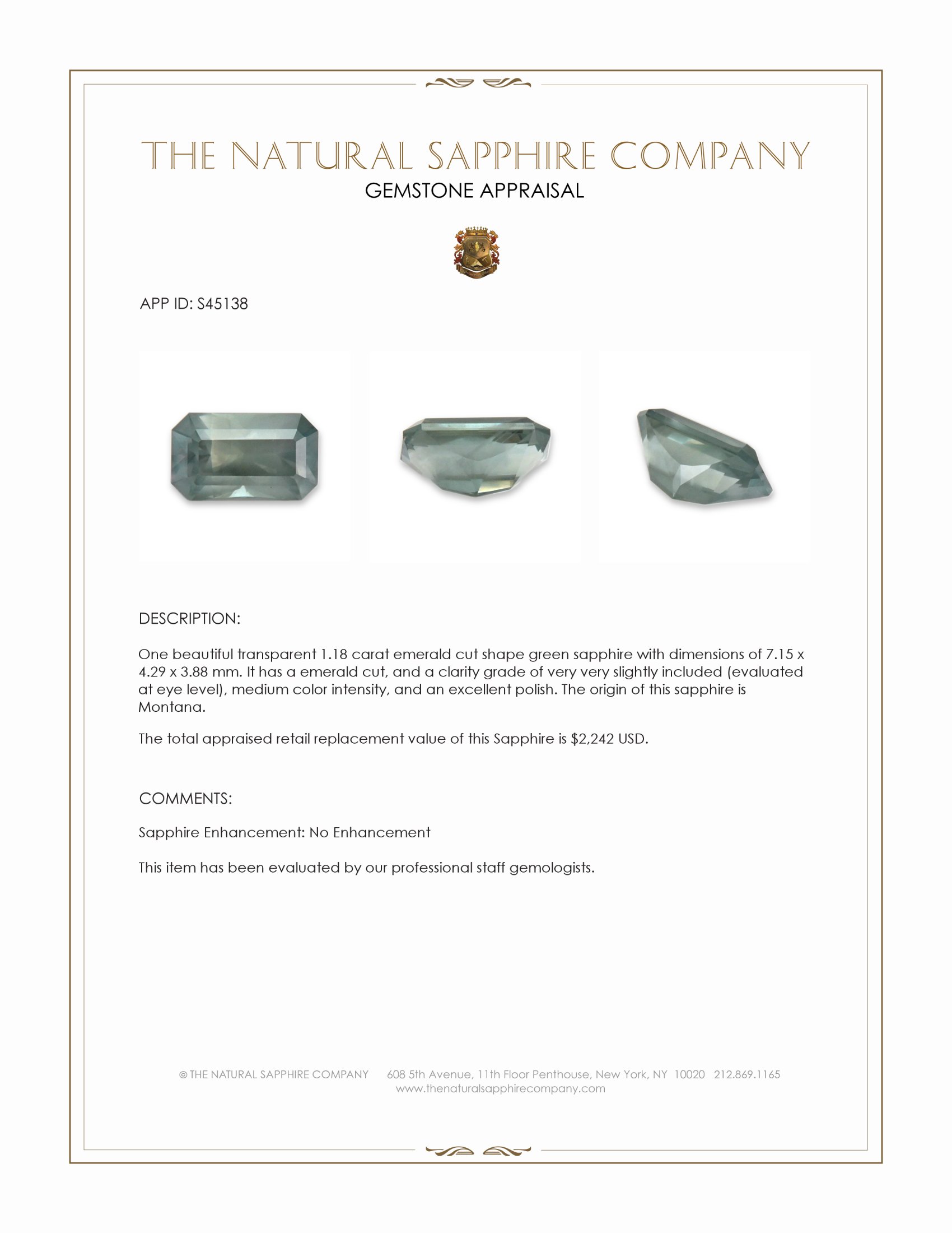 1.18 Ct. Green Sapphire from Montana