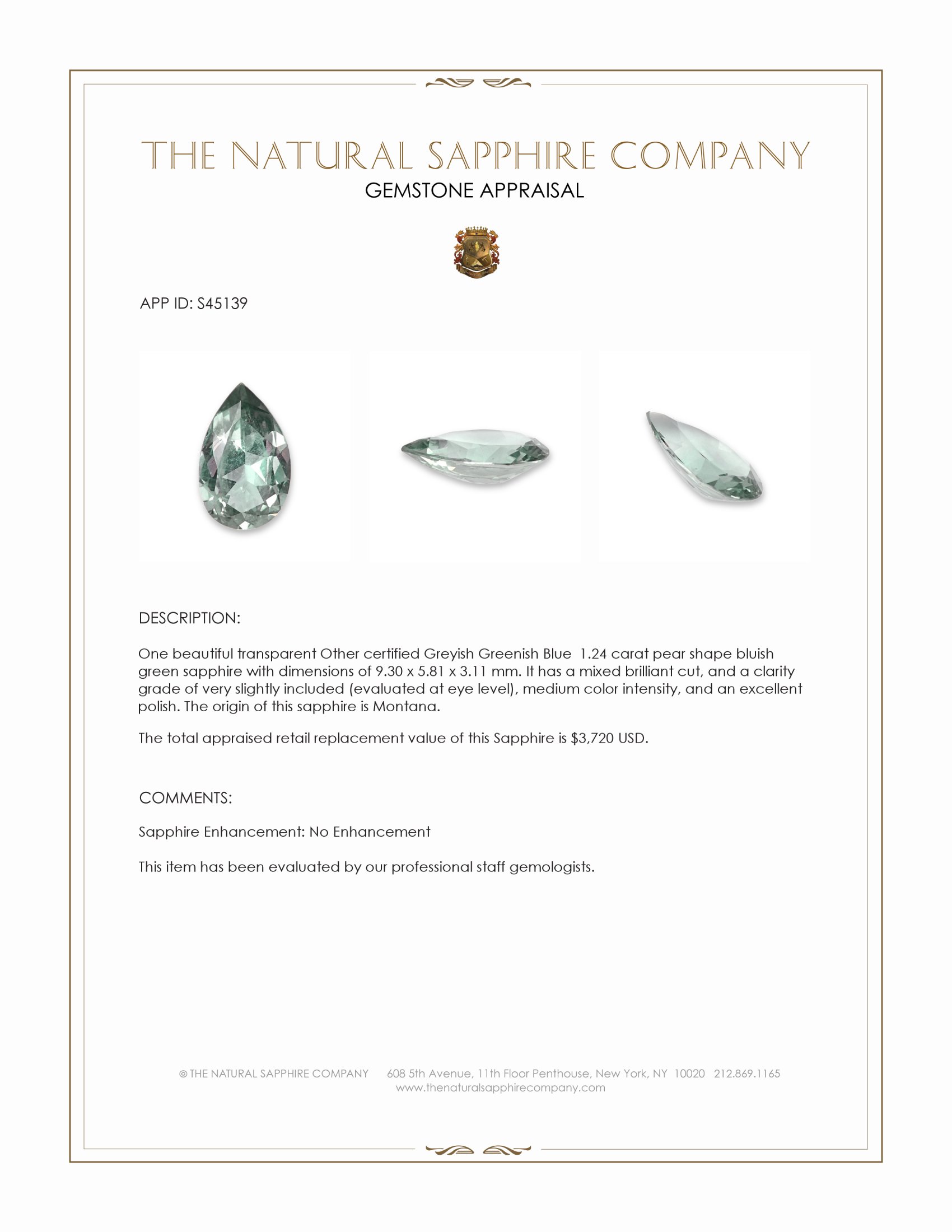 1.24 Ct. Bluish Green Sapphire from Montana
