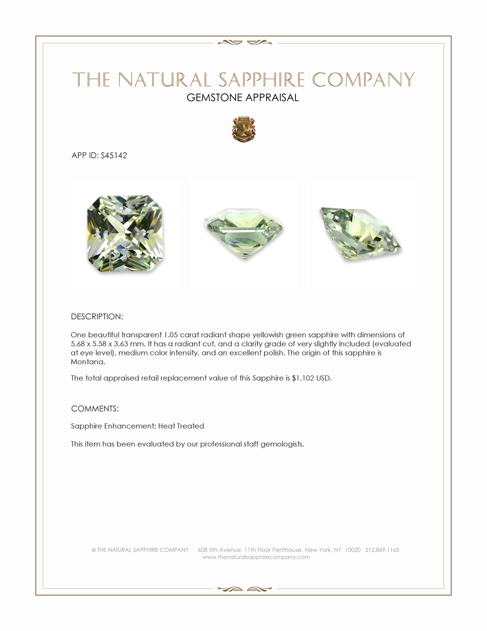 1.05 Ct. Yellowish Green Sapphire from Montana