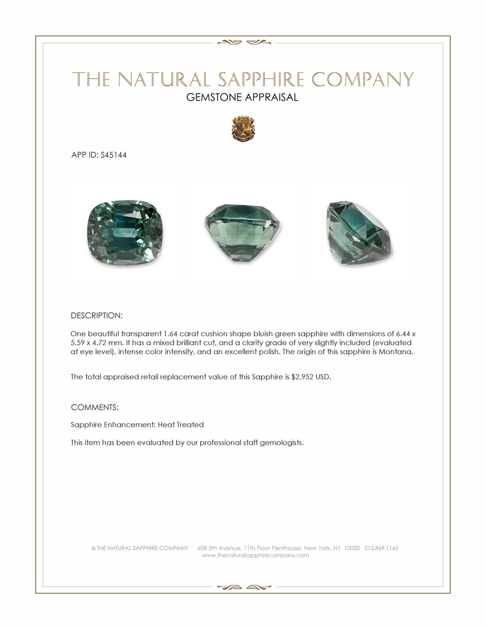 1.64 Ct. Bluish Green Sapphire from Montana