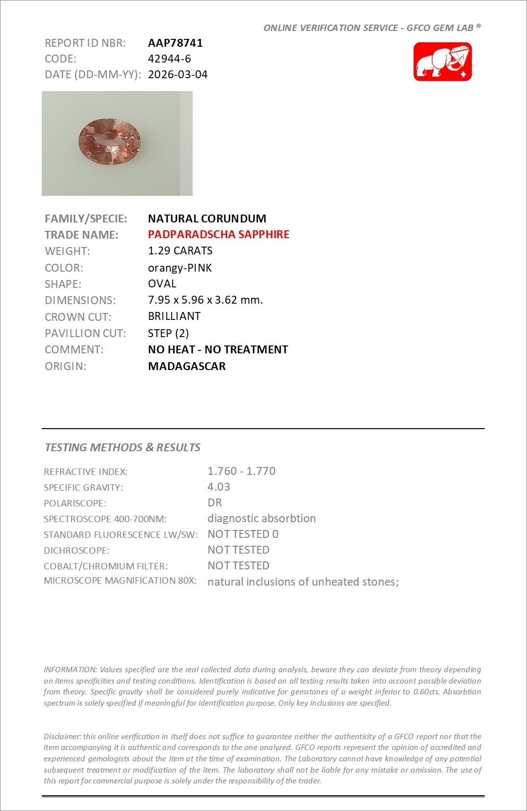 1.29 Ct. Padparadscha Sapphire from Madagascar