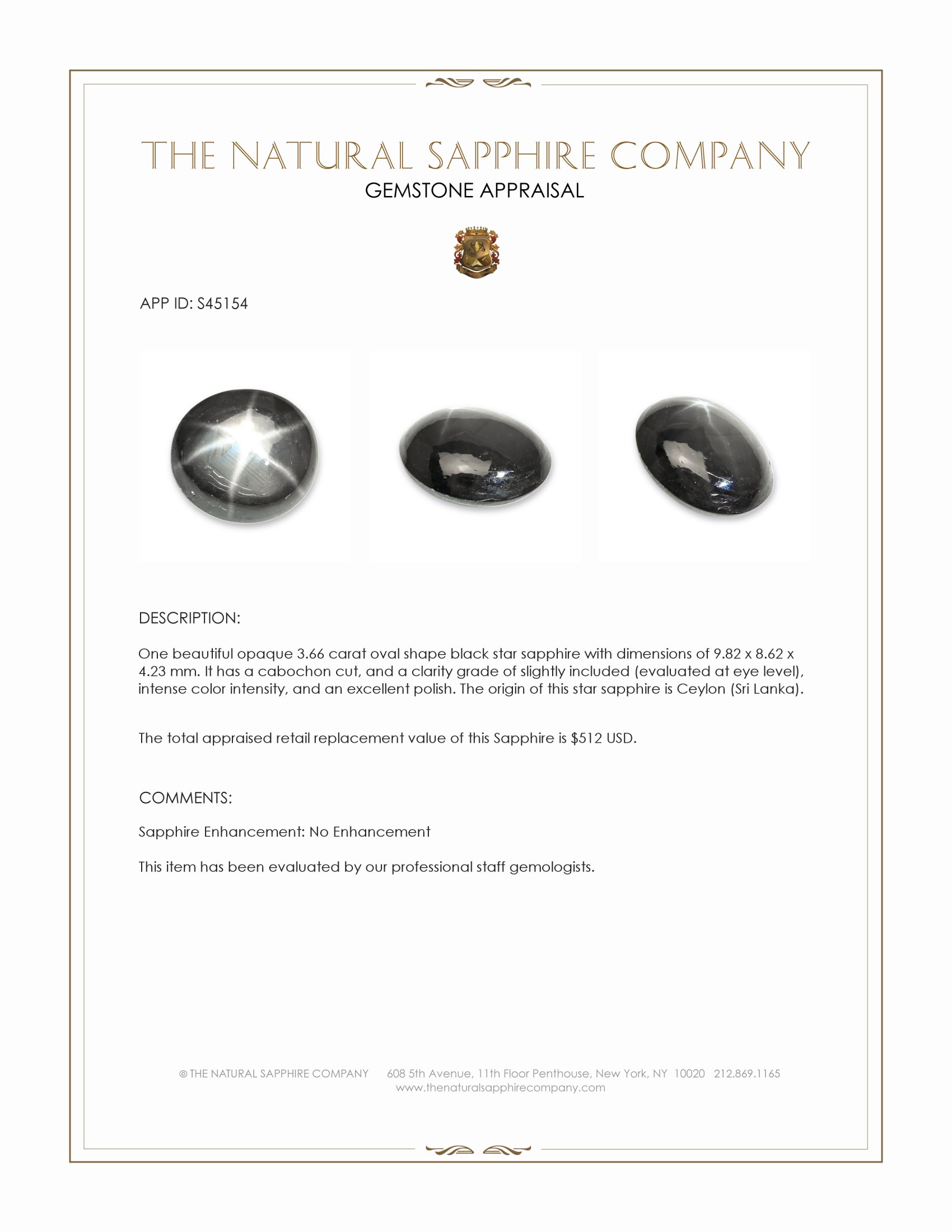 3.66 Ct. Black Star Sapphire from Ceylon (Sri Lanka)