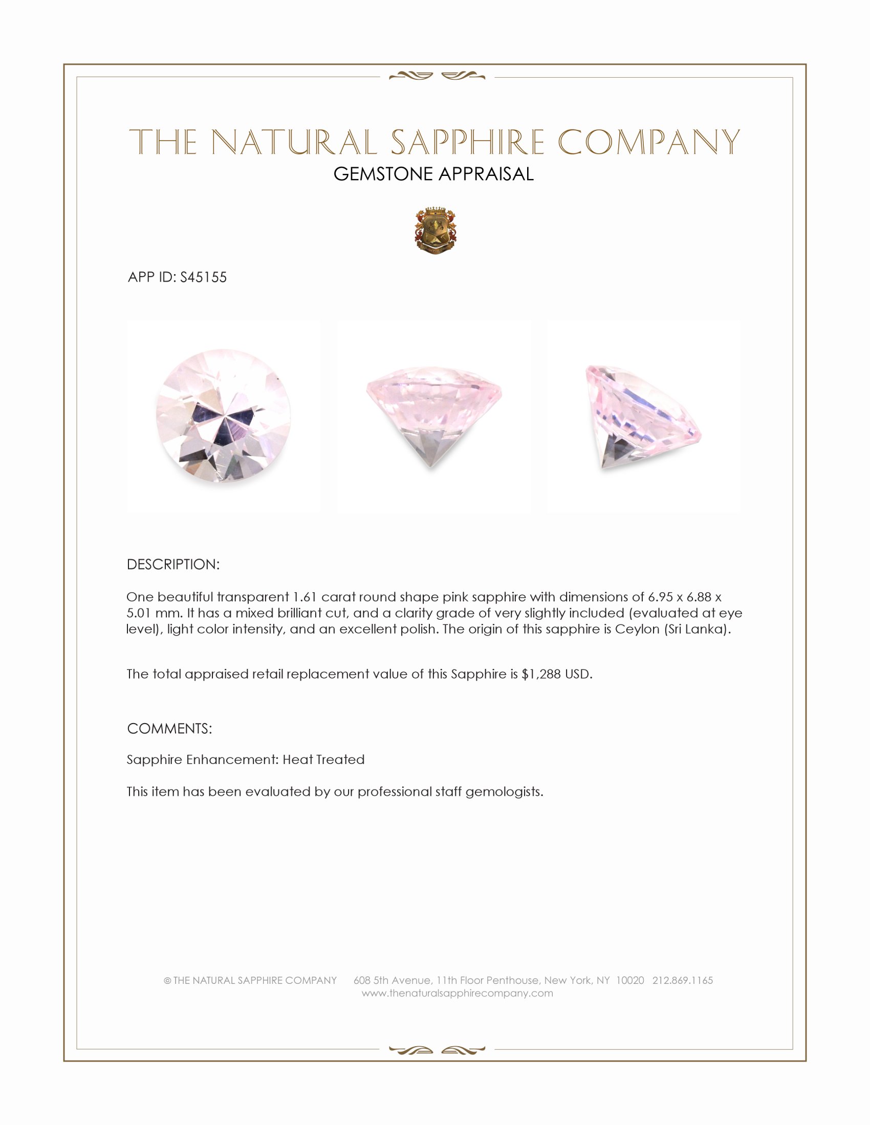 1.61 Ct. Pink Sapphire from Ceylon (Sri Lanka)