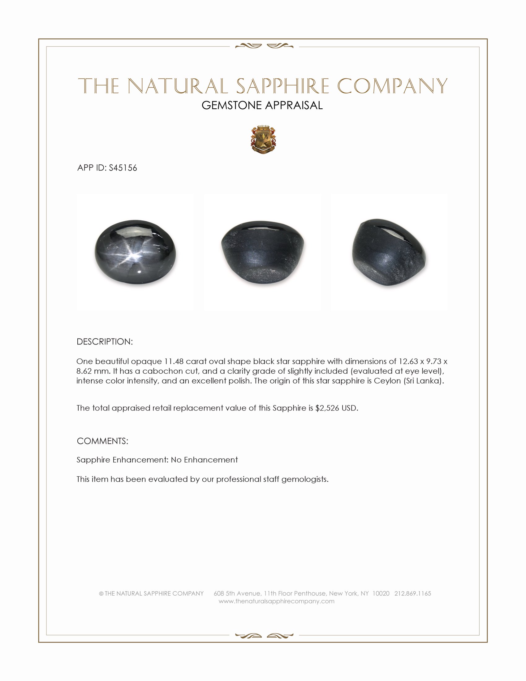 11.48 Ct. Black Star Sapphire from Ceylon (Sri Lanka)