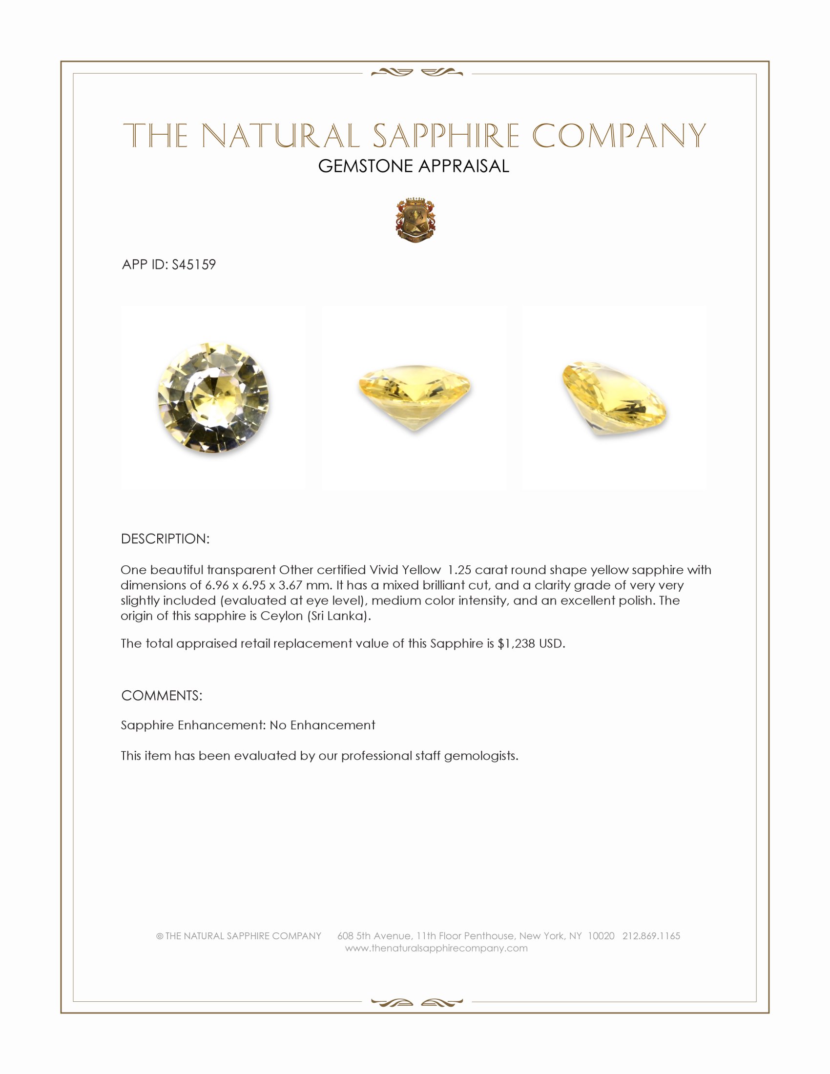 1.25 Ct. Yellow Sapphire from Ceylon (Sri Lanka)