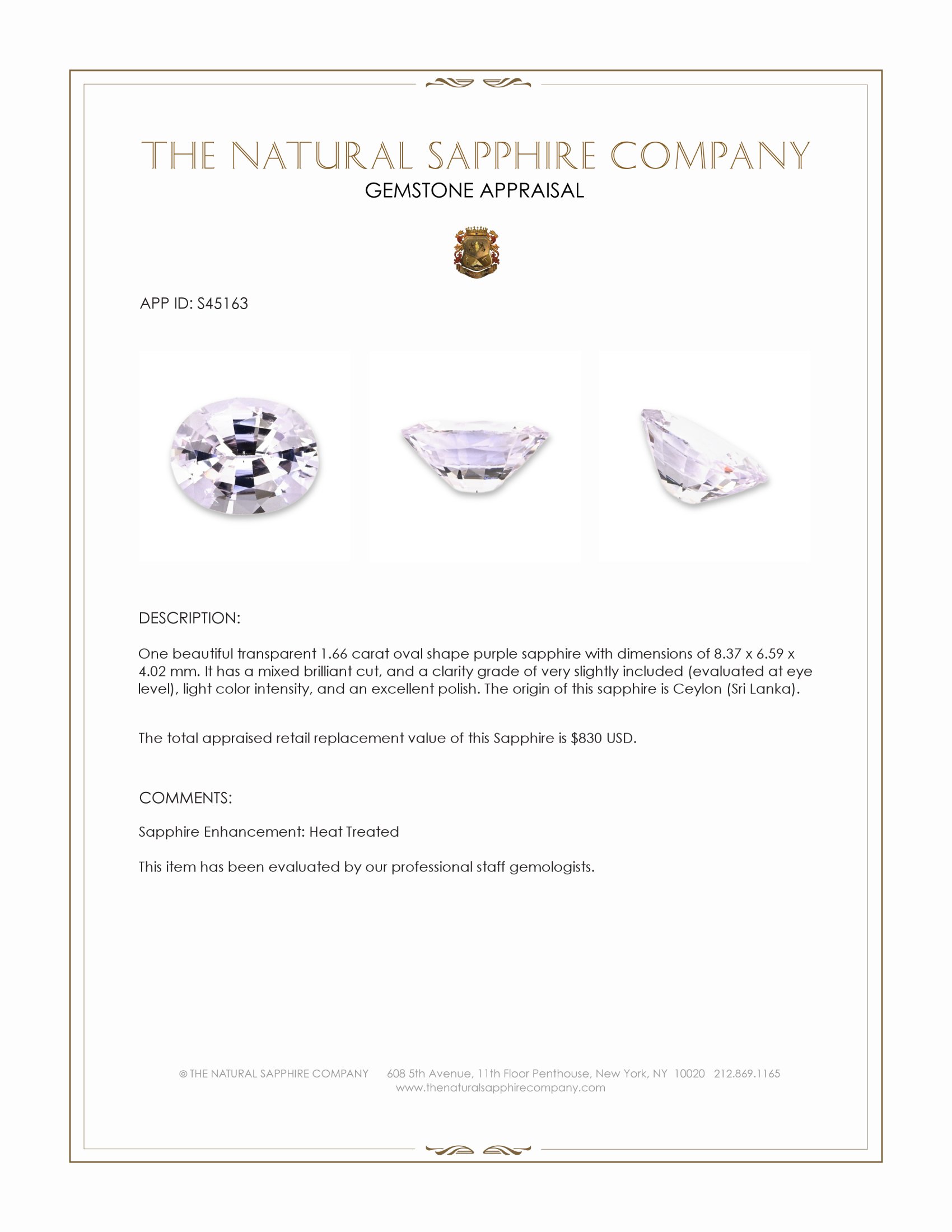 1.66 Ct. Purple Sapphire from Ceylon (Sri Lanka)