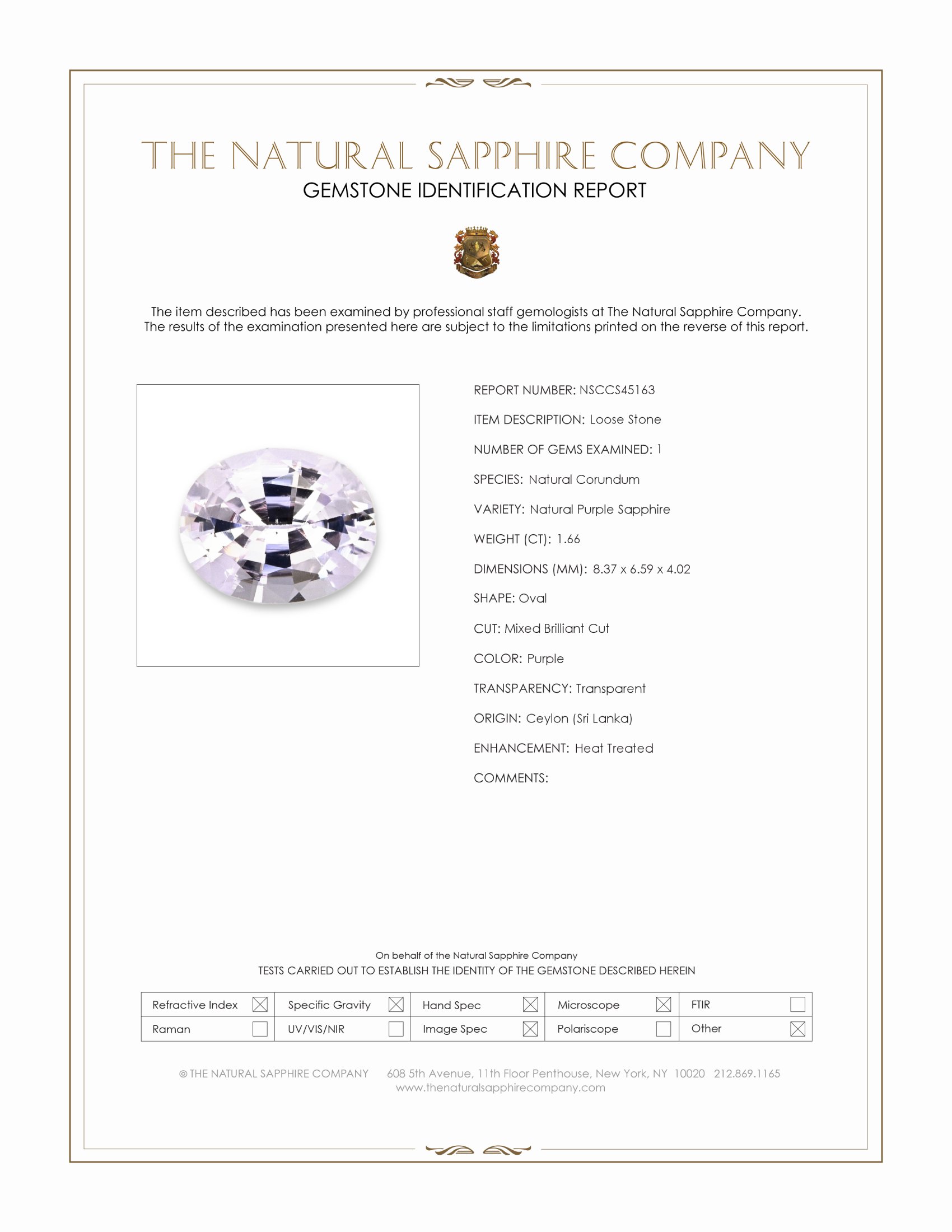 1.66 Ct. Purple Sapphire from Ceylon (Sri Lanka)