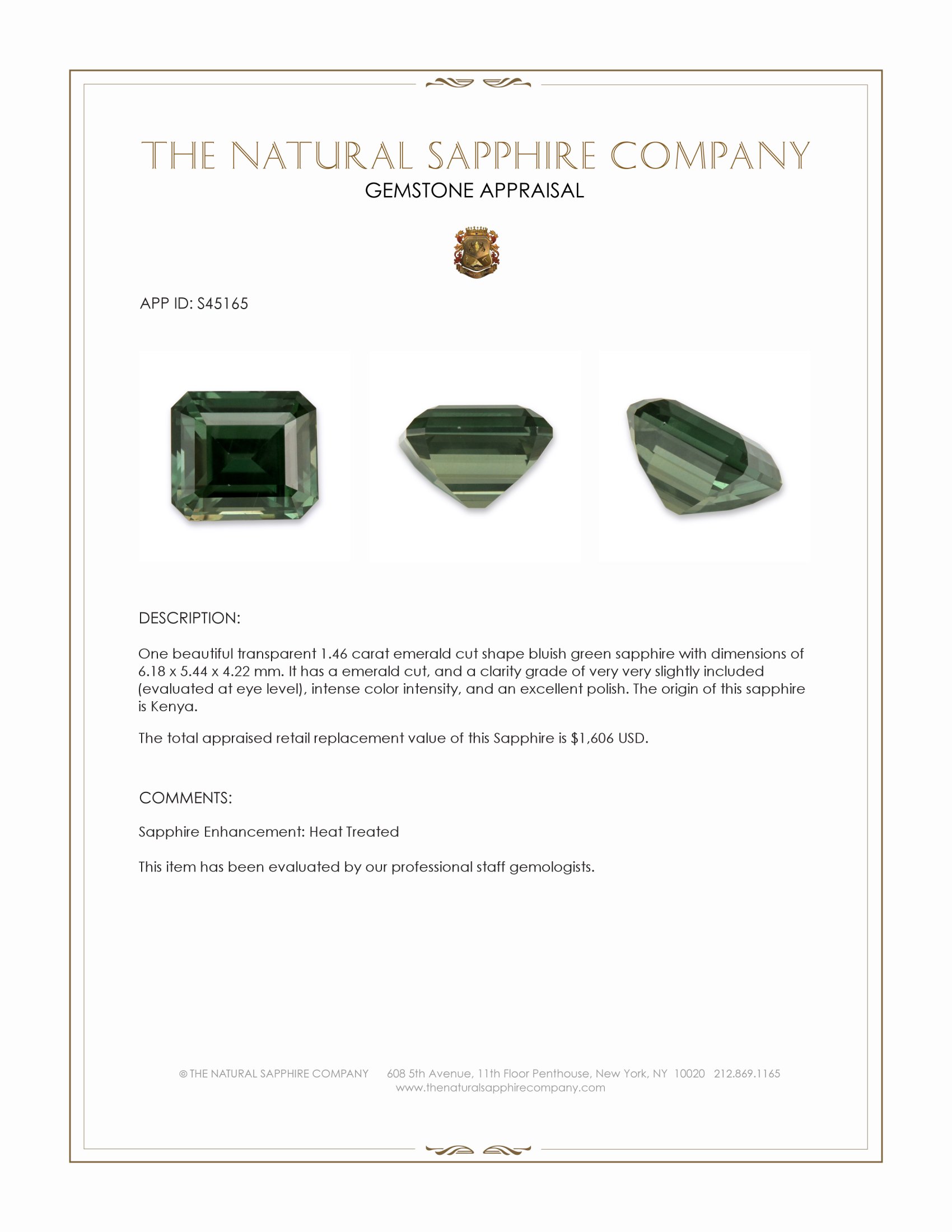 1.46 Ct. Bluish Green Sapphire from Kenya