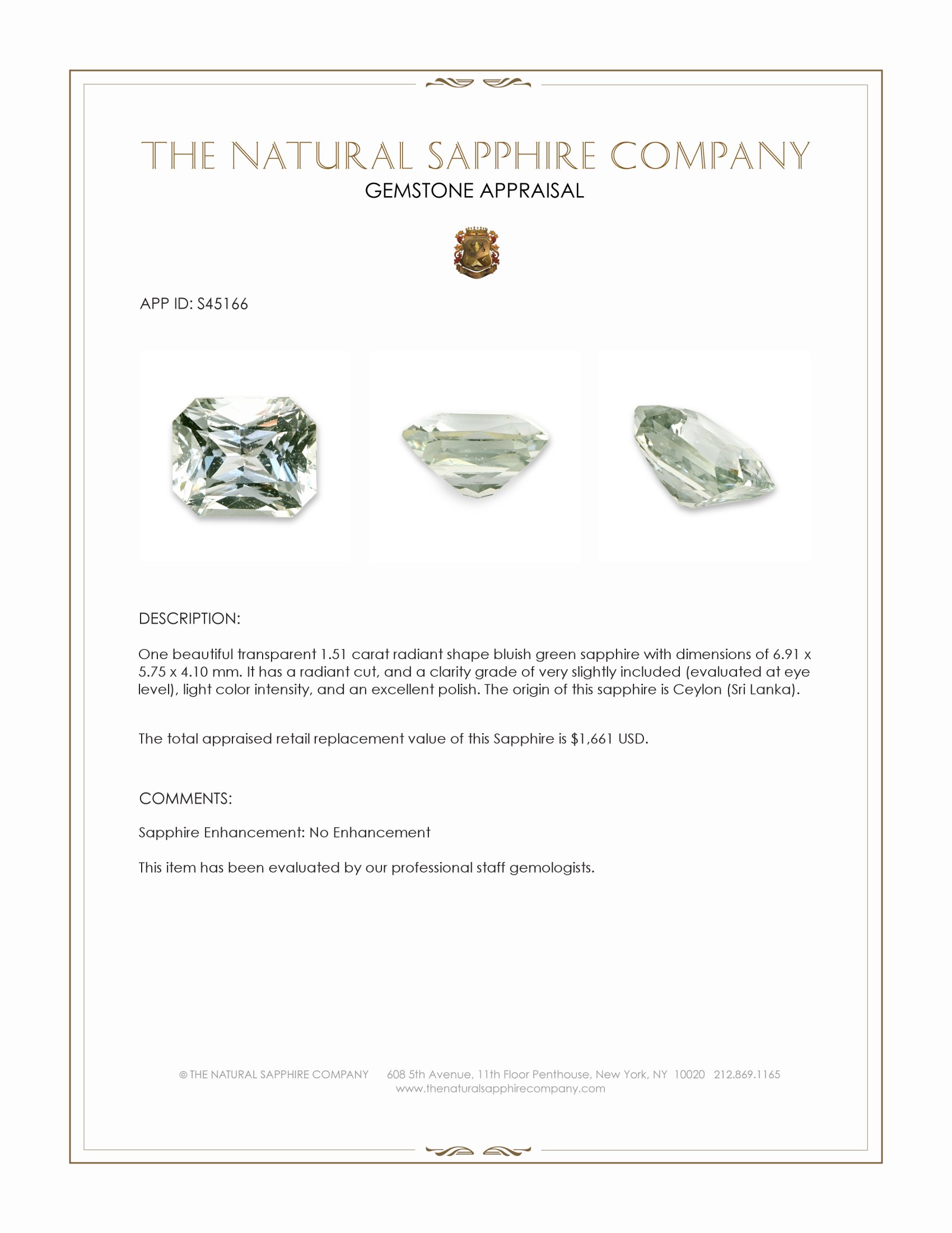 1.51 Ct. Bluish Green Sapphire from Ceylon (Sri Lanka)