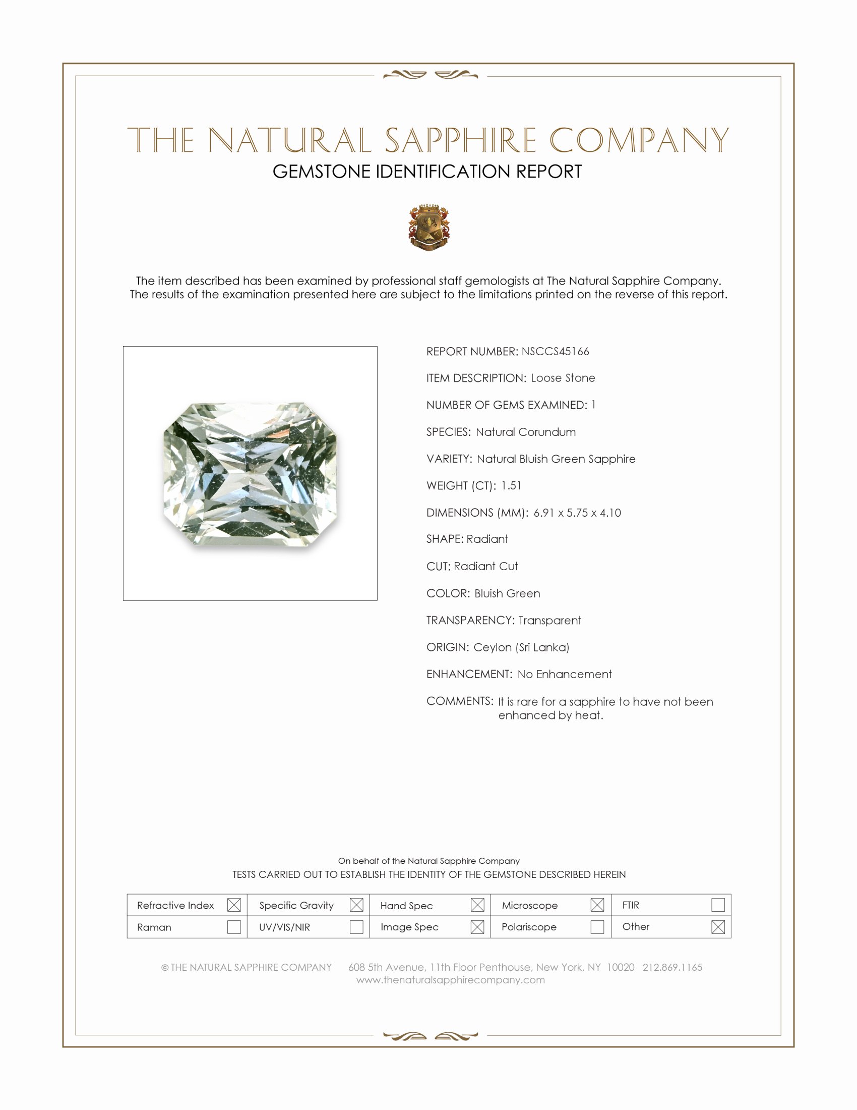 1.51 Ct. Bluish Green Sapphire from Ceylon (Sri Lanka)
