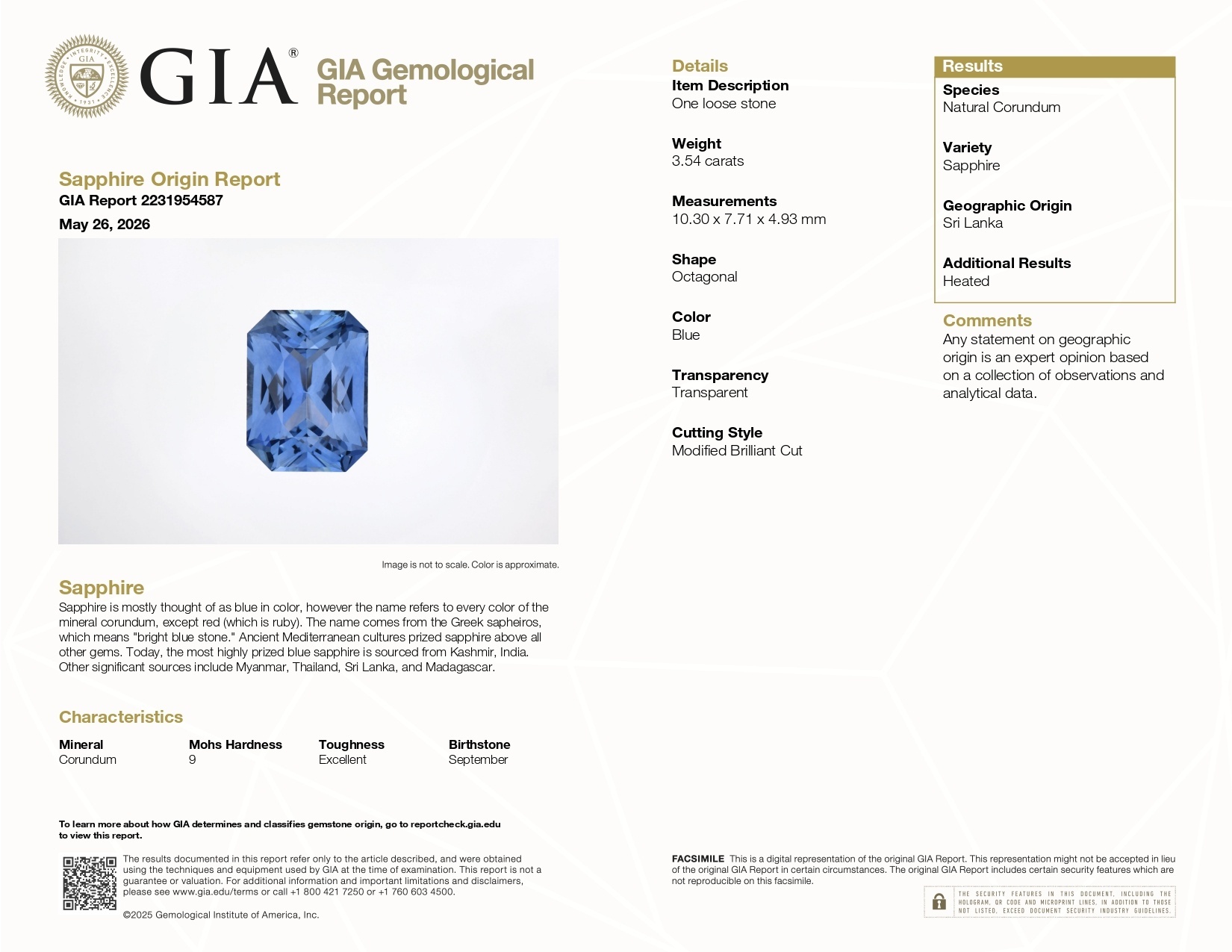 3.54 Ct. Blue Sapphire from Ceylon (Sri Lanka)