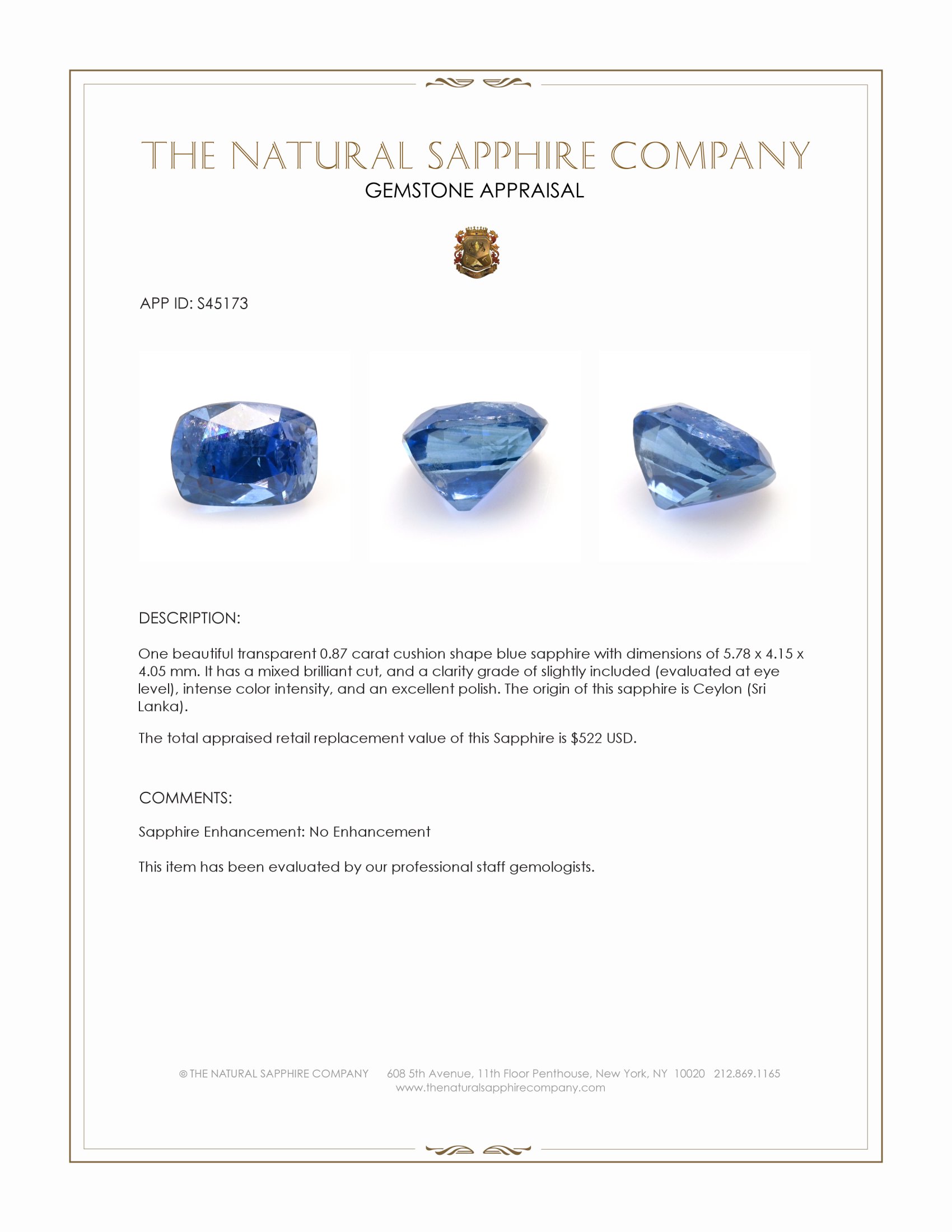 0.87 Ct. Blue Sapphire from Ceylon (Sri Lanka)
