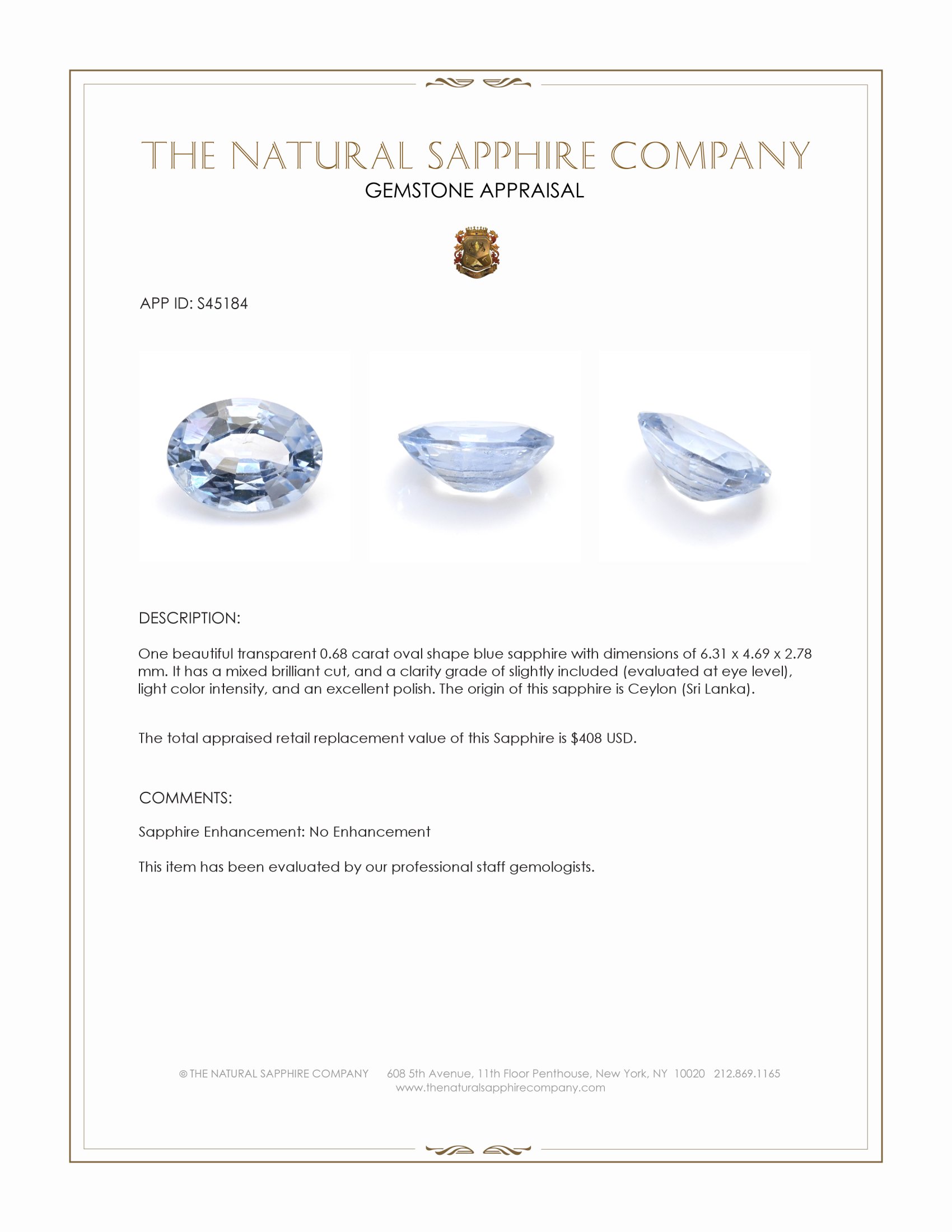 0.68 Ct. Blue Sapphire from Ceylon (Sri Lanka)