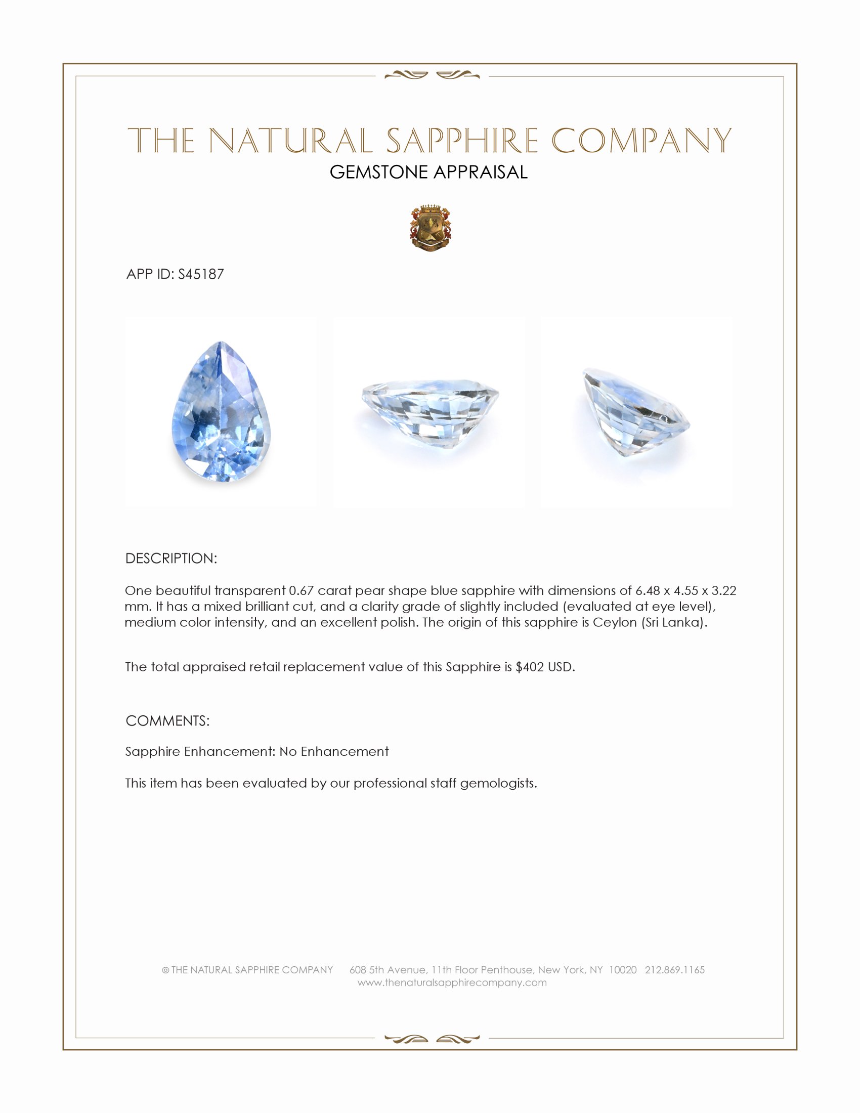 0.67 Ct. Blue Sapphire from Ceylon (Sri Lanka)