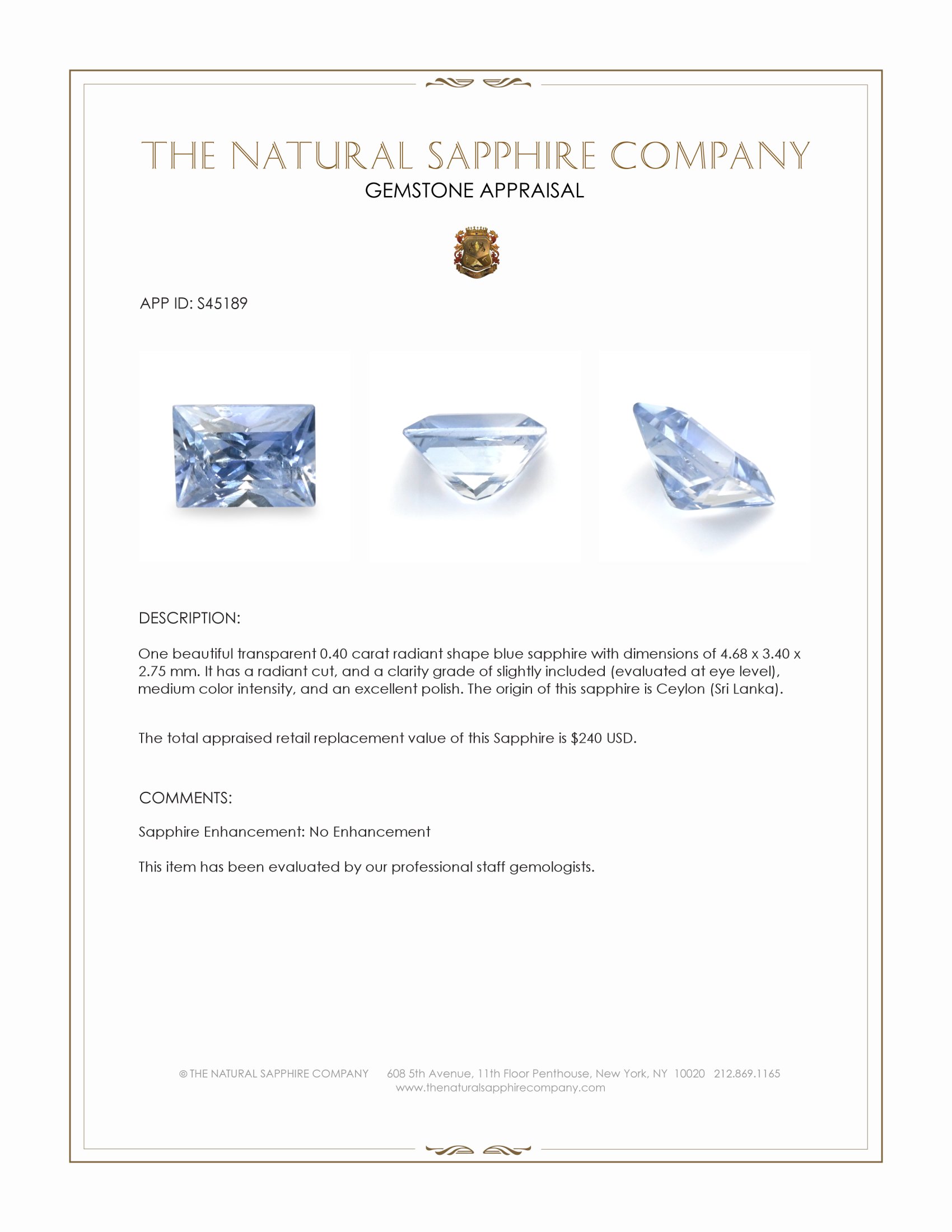 0.40 Ct. Blue Sapphire from Ceylon (Sri Lanka)
